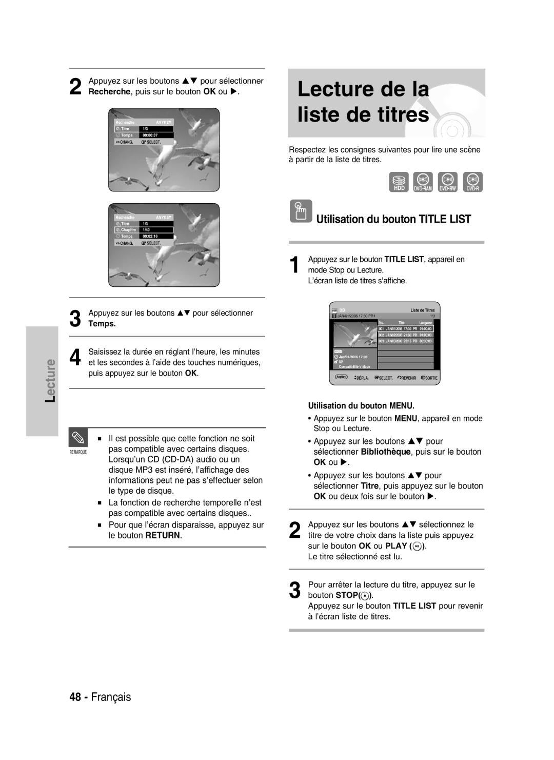 Samsung DVD-HR730/XEB, DVD-HR730/XEC, DVD-HR734/XEG manual Utilisation du bouton Title List, Utilisation du bouton Menu 