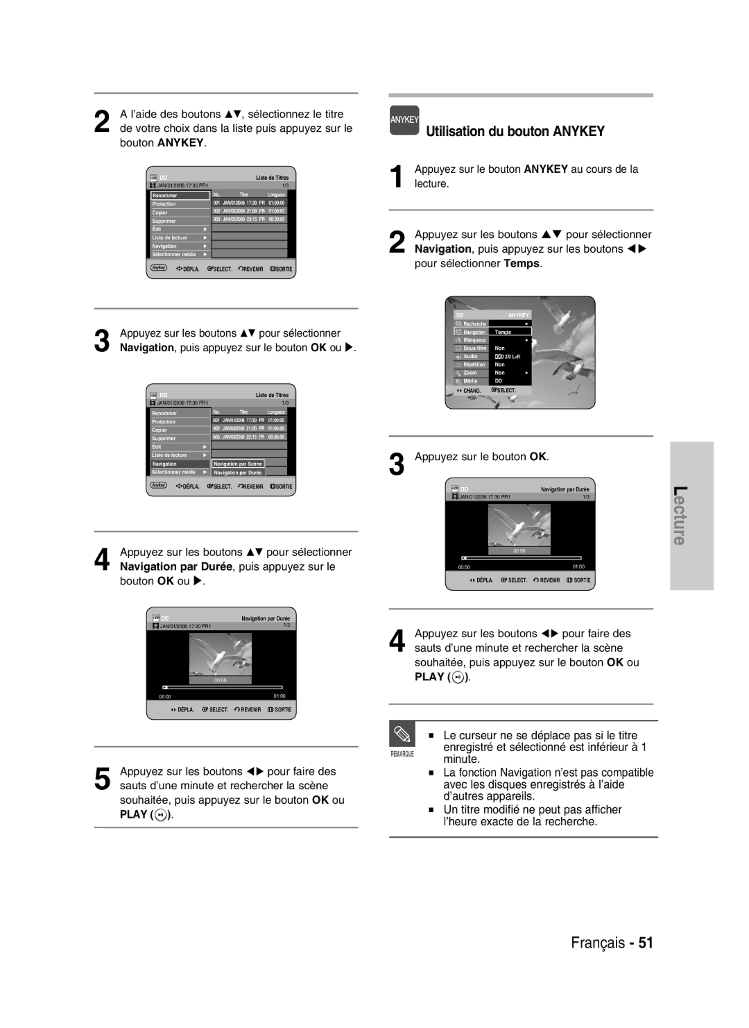 Samsung DVD-HR730/XEC, DVD-HR730/XEB, DVD-HR734/XEG, DVD-HR730/XEG manual Liste de Titres, Navigation par Durée, Non Audio 