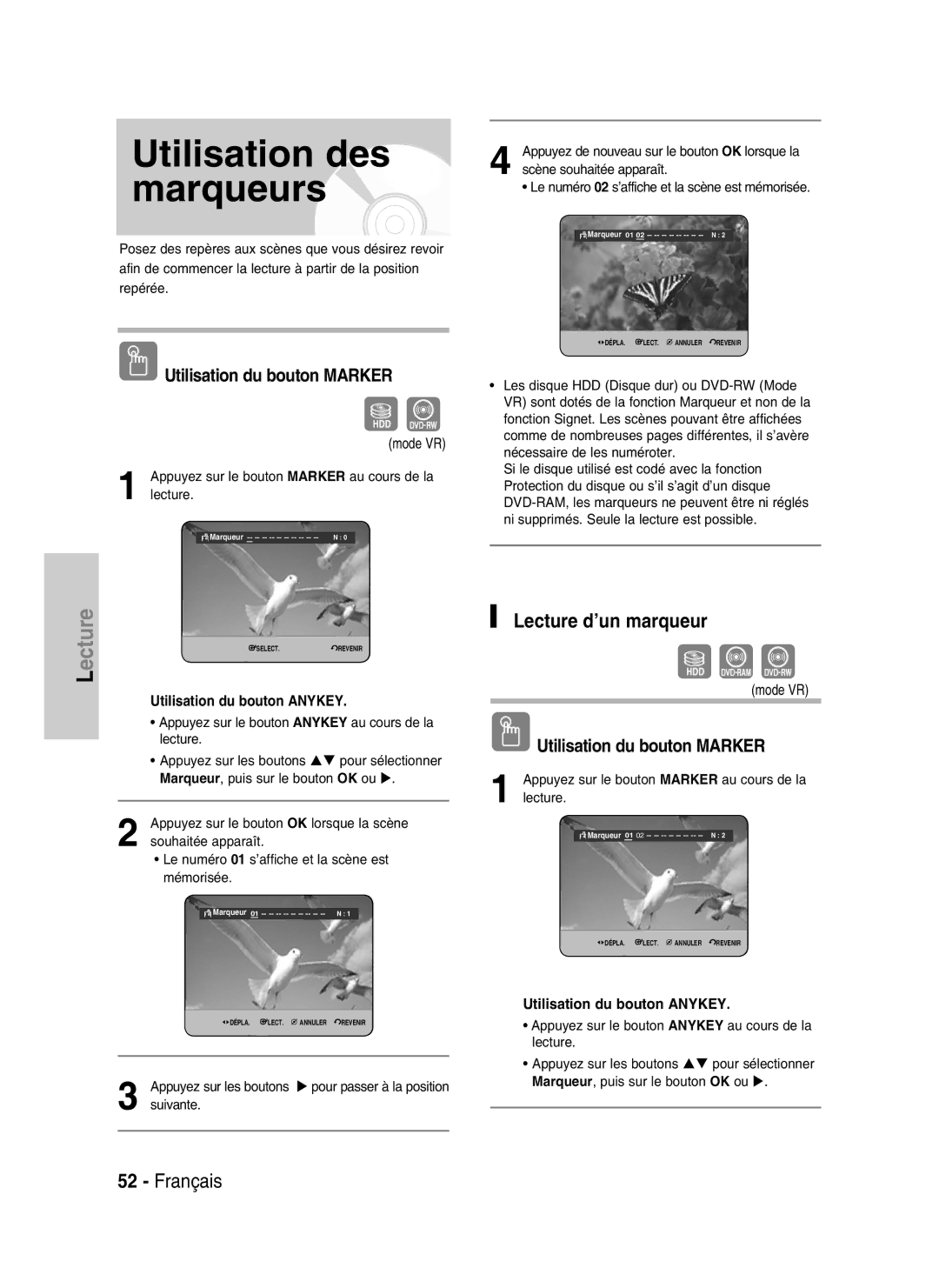 Samsung DVD-HR730/XEB manual Lecture d’un marqueur, Utilisation du bouton Marker, Utilisation du bouton Anykey, Marqueur01 