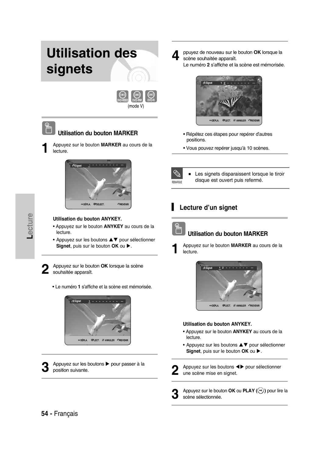 Samsung DVD-HR730/XEG Lecture d’un signet, Disque est ouvert puis refermé, Appuyez sur le bouton Anykey au cours de la 