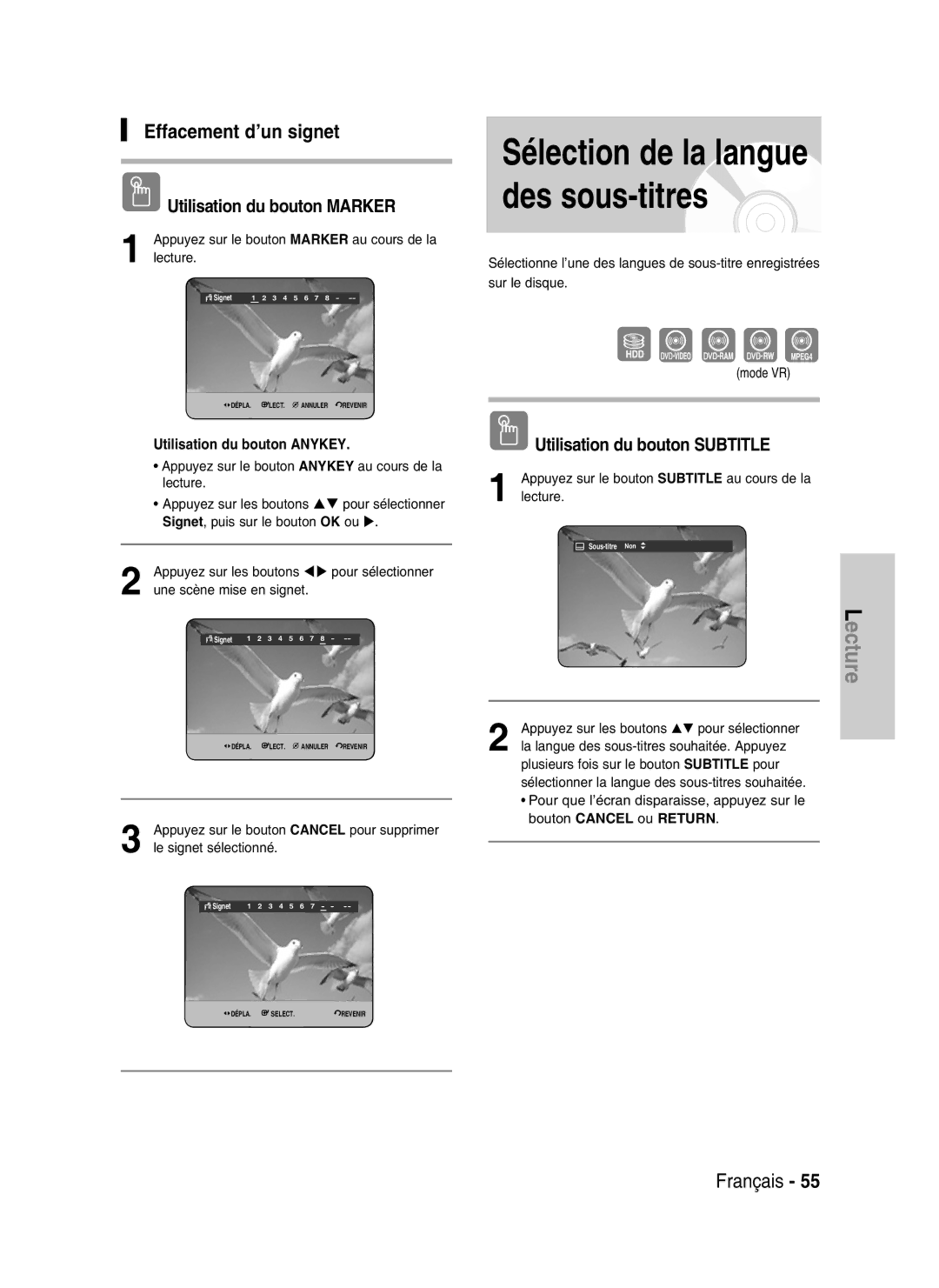 Samsung DVD-HR730/XEC, DVD-HR730/XEB manual Effacement d’un signet, Utilisation du bouton Subtitle, Signet 1 2 3 4 5 6 7 