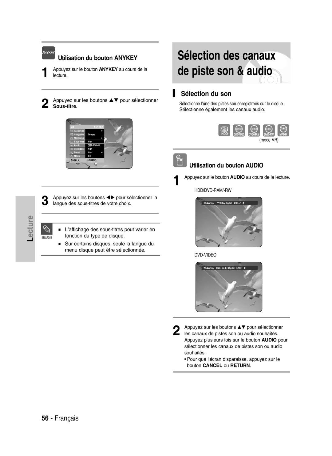 Samsung DVD-HR730/XEB, DVD-HR730/XEC manual Sélection du son, Utilisation du bouton Audio, Fonction du type de disque 