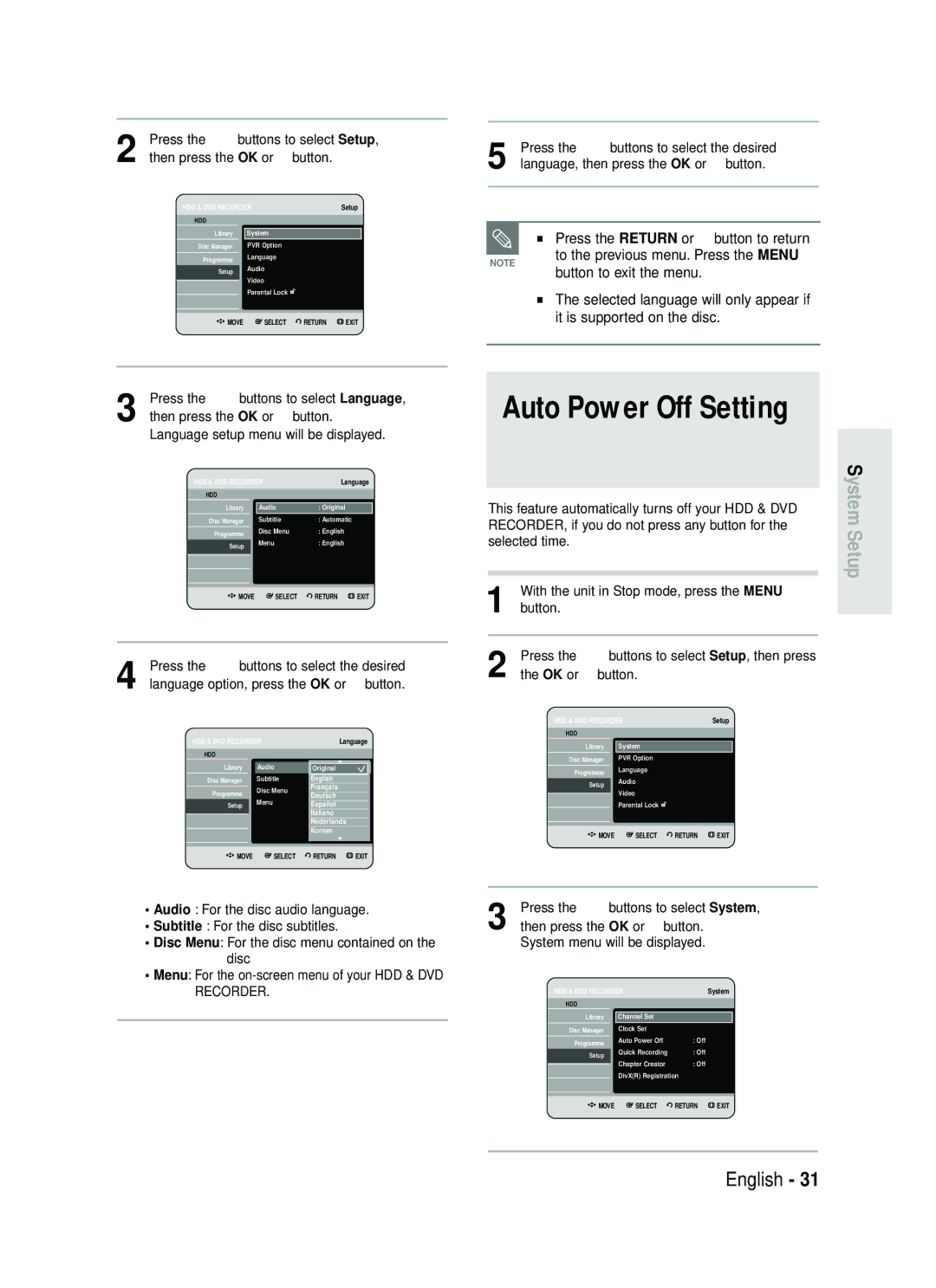 Samsung DVD-HR730/XEG, DVD-HR730/XEC, DVD-HR730/XEB manual Auto Power Off Setting, Press the Return or œ button to return 