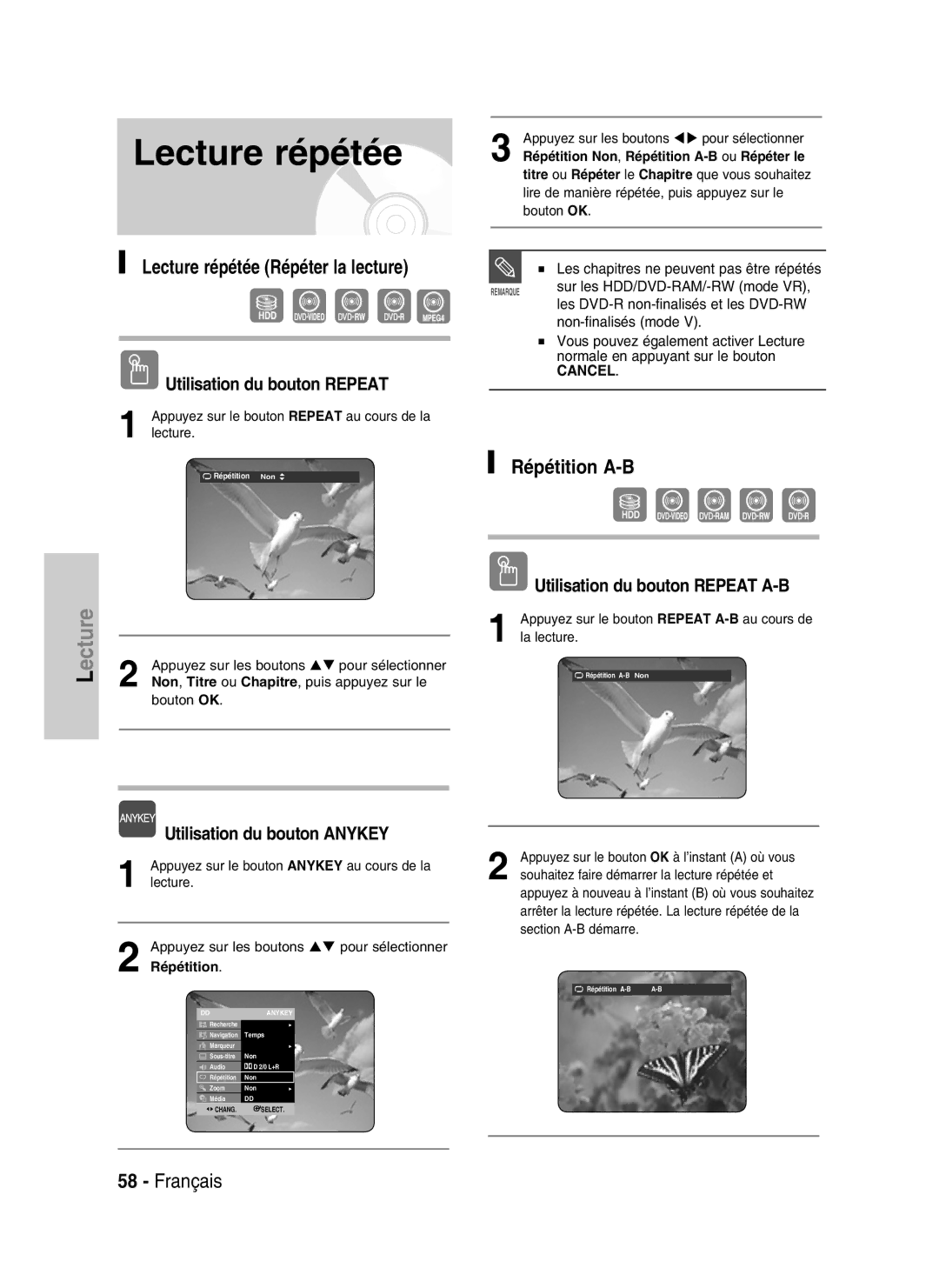 Samsung DVD-HR730/XEG, DVD-HR730/XEC manual Lecture répétée Répéter la lecture, Répétition A-B, Utilisation du bouton Repeat 