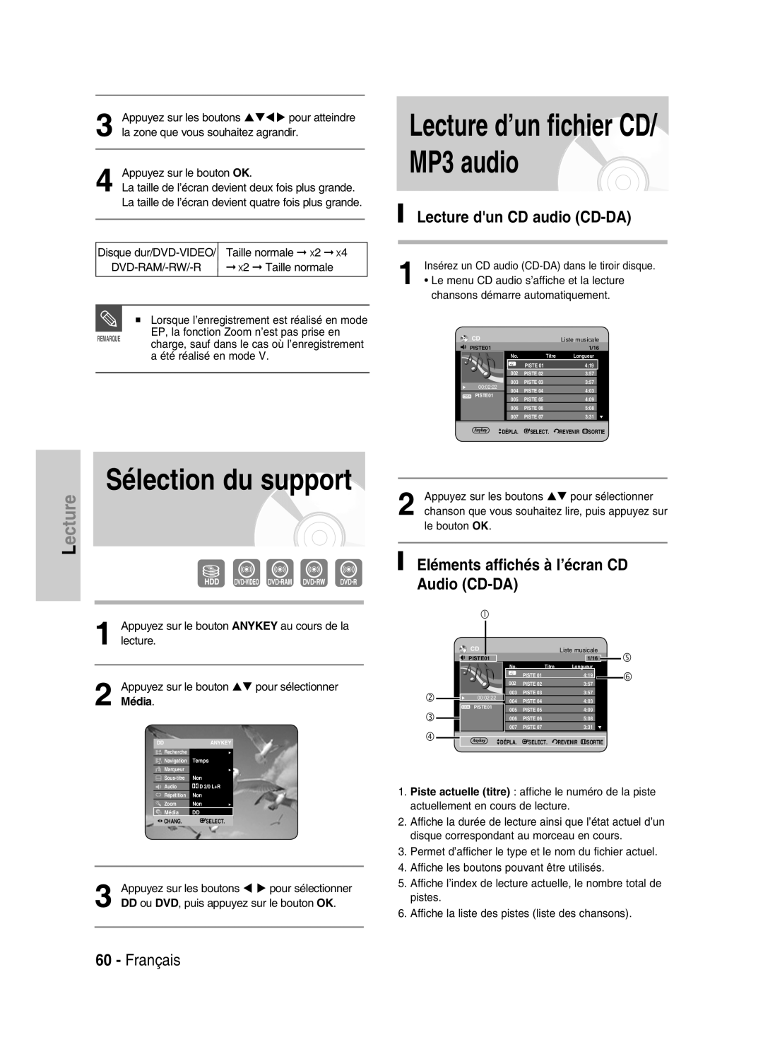 Samsung DVD-HR730/XEB Lecture dun CD audio CD-DA, Eléments affichés à l’écran CD Audio CD-DA, X2 Taille normale, Média 