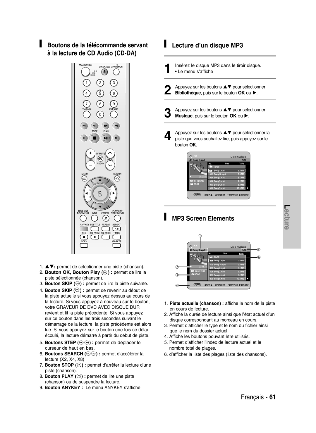 Samsung DVD-HR734/XEG manual Lecture d’un disque MP3, MP3 Screen Elements, Permet de sélectionner une piste chanson 