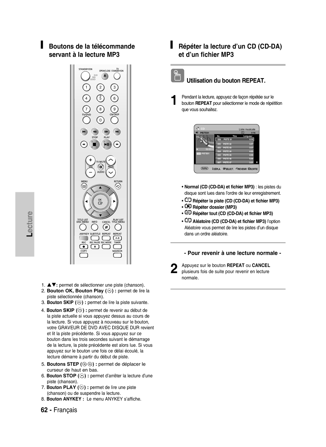 Samsung DVD-HR730/XEG Répéter la lecture d’un CD CD-DA et d’un fichier MP3, Bouton Skip permet de lire la piste suivante 