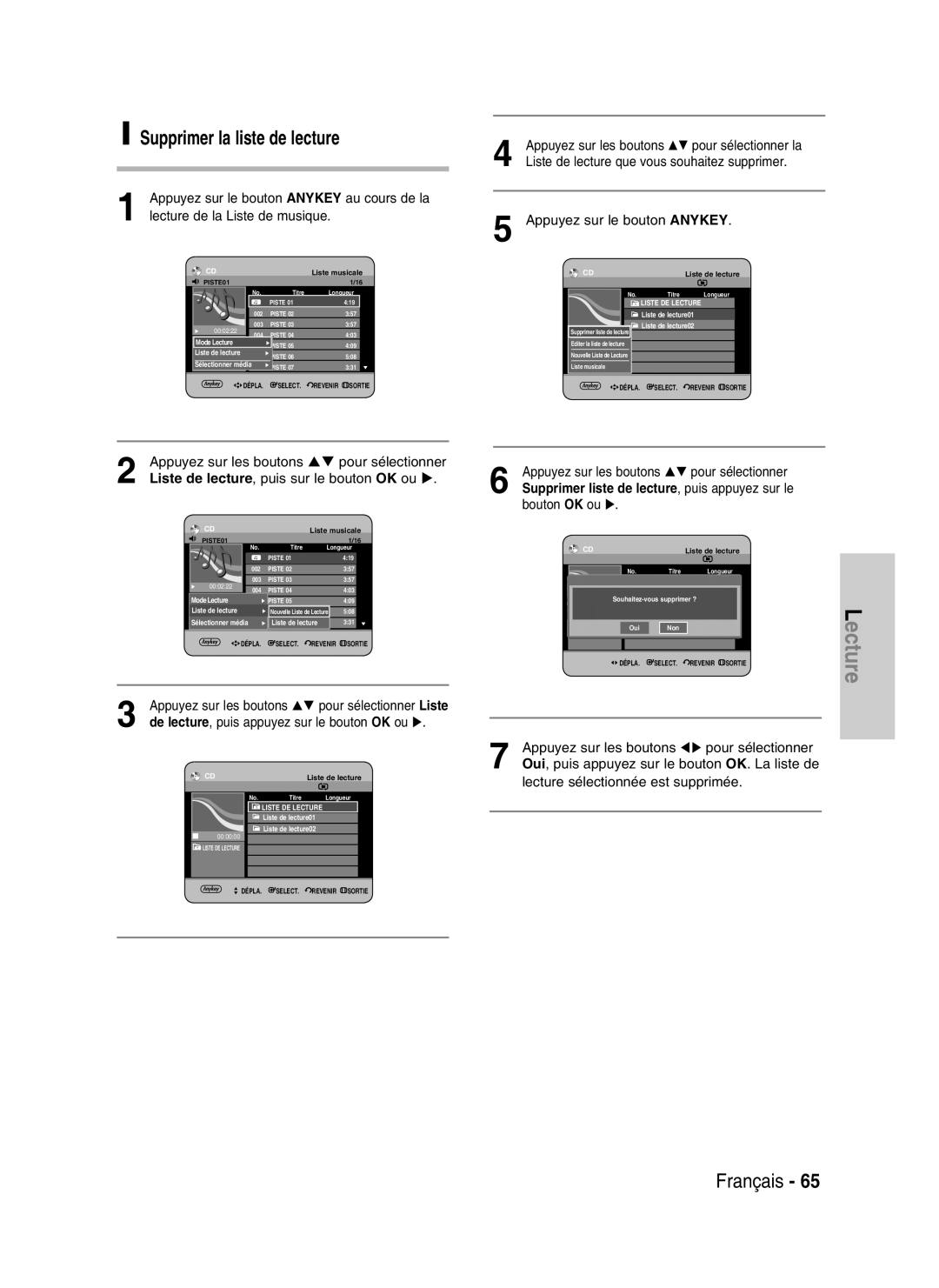 Samsung DVD-HR734/XEG Supprimer la liste de lecture, Liste de lecture01 Liste de lecture02, Souhaitez-vous supprimer ? 