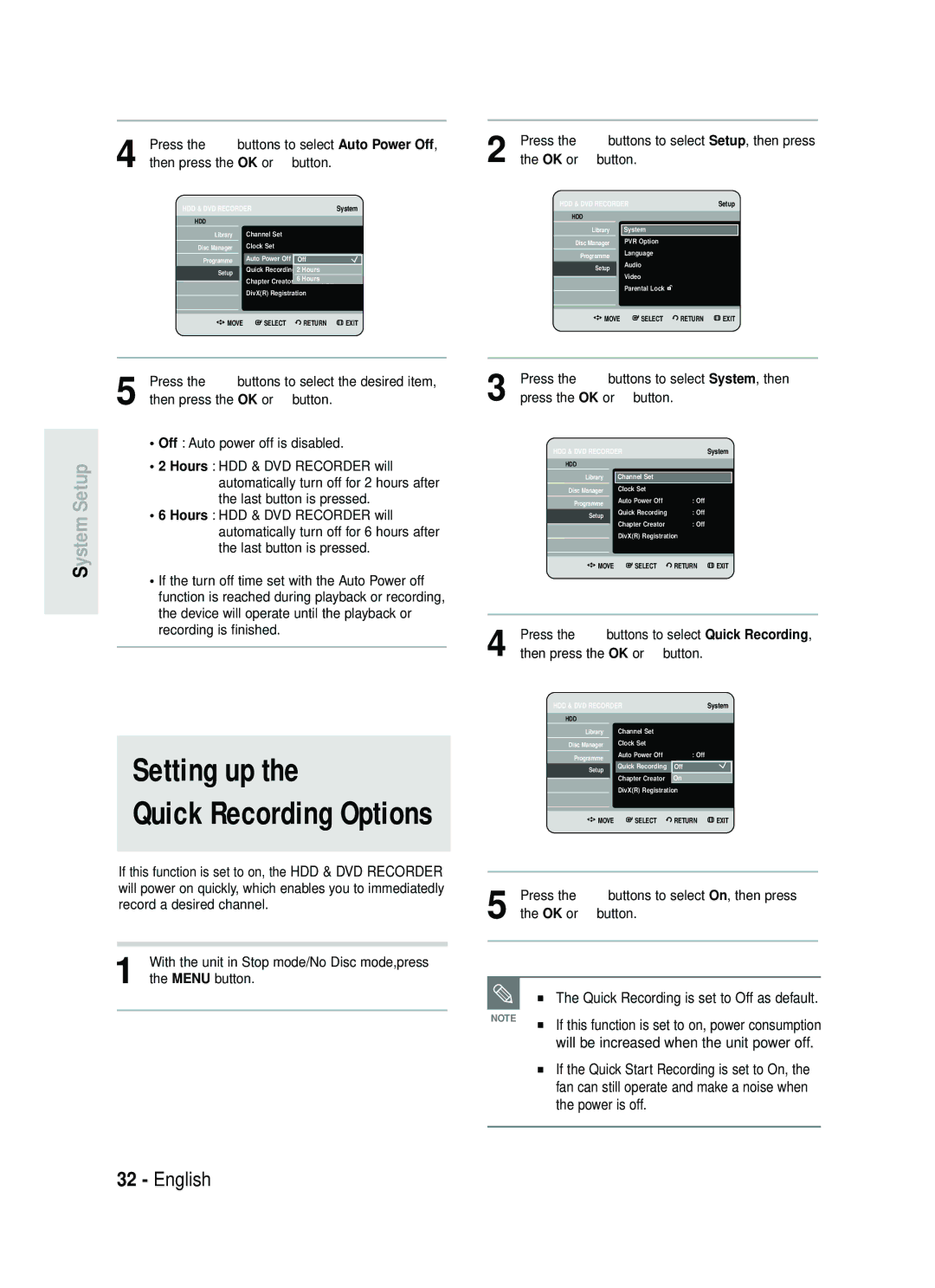 Samsung DVD-HR730/XEC Setting up, Power is off, Press the …† buttons to select System, then, Press the OK or √ button 