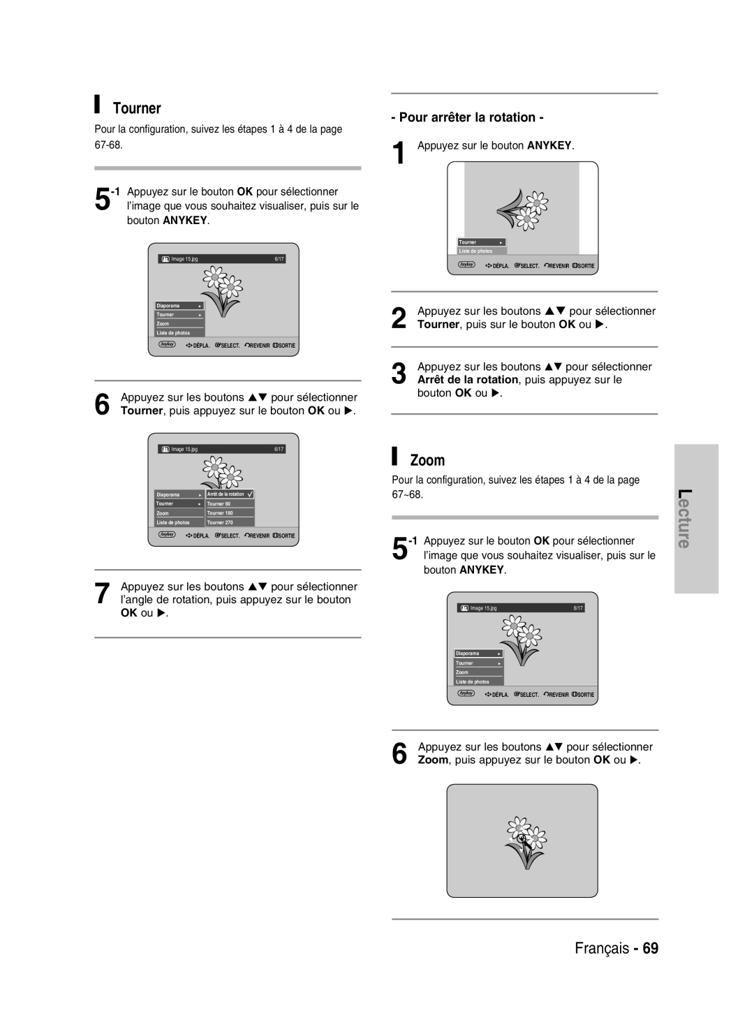 Samsung DVD-HR734/XEG manual Tourner, Pour arrêter la rotation, Pour la configuration, suivez les étapes 1 à 4 de la 