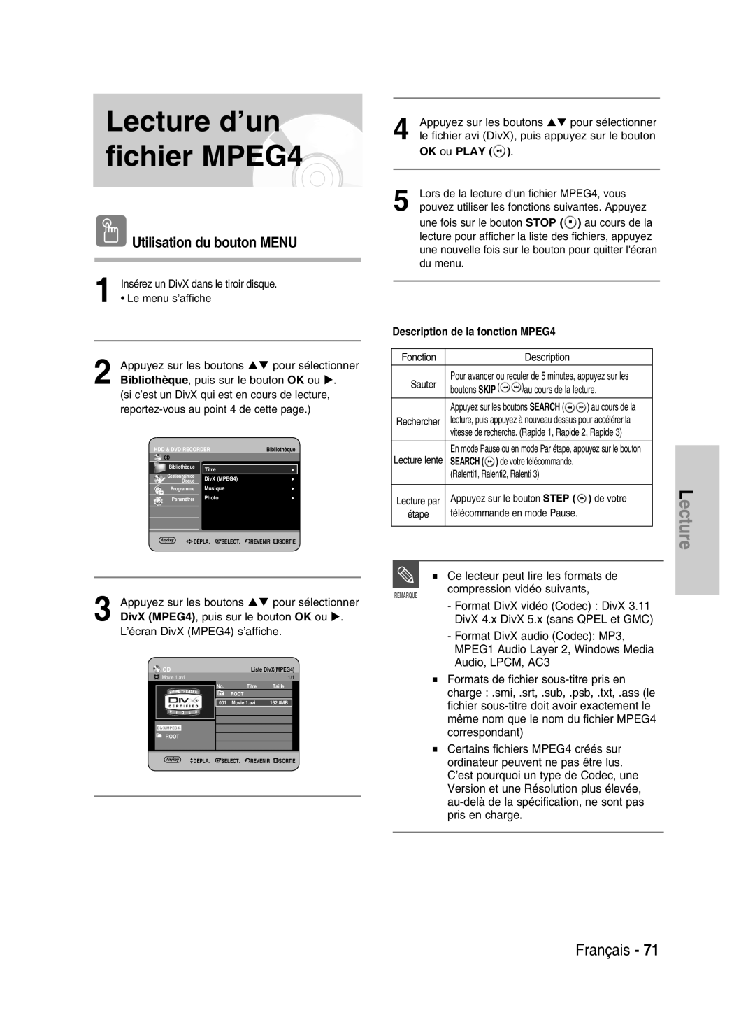 Samsung DVD-HR730/XEC, DVD-HR730/XEB, DVD-HR734/XEG manual Utilisation du bouton Menu, Description de la fonction MPEG4 