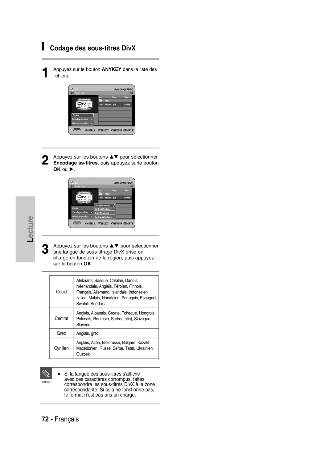 Samsung DVD-HR730/XEB, DVD-HR730/XEC, DVD-HR734/XEG manual Codage des sous-titres DivX, Si la langue des sous-titres saffiche 