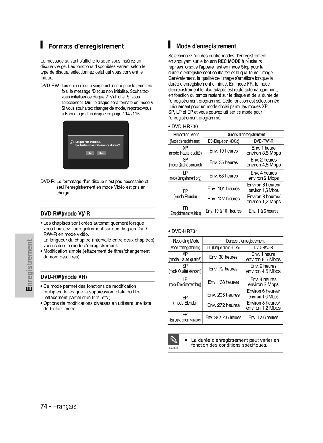 Samsung DVD-HR730/XEG, DVD-HR730/XEC manual Formats d’enregistrement, Mode d’enregistrement, DVD-RWmode V/-R, DVD-RWmode VR 