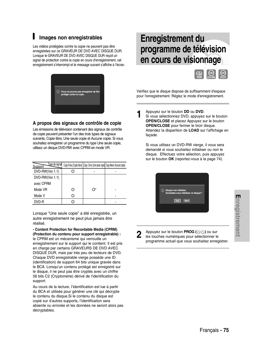 Samsung DVD-HR730/XEC manual Images non enregistrables, Propos des signaux de contrôle de copie, Support, Avec Cprm 