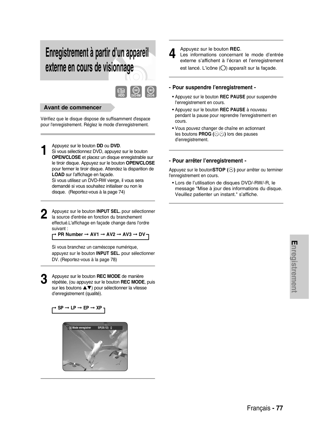 Samsung DVD-HR734/XEG manual Si vous utilisez un DVD-RW vierge, il vous sera, Les informations concernant le mode d’entrée 