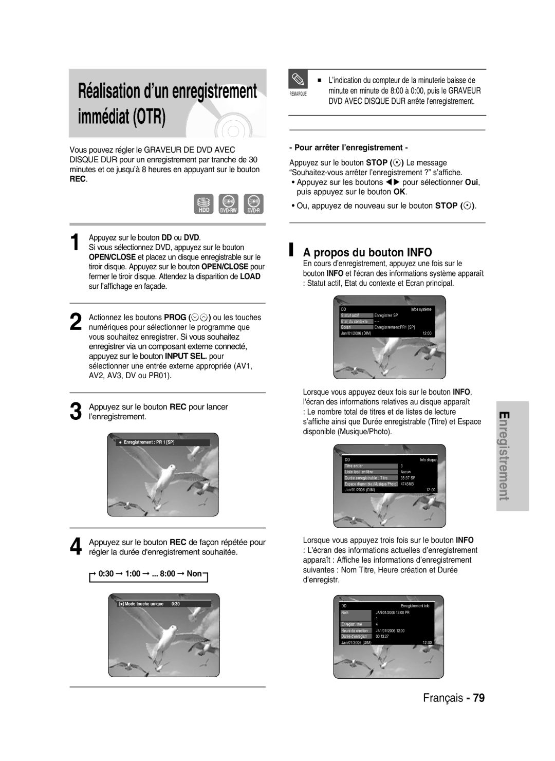 Samsung DVD-HR730/XEC manual Propos du bouton Info, ’indication du compteur de la minuterie baisse de, 030 100 .. Non 