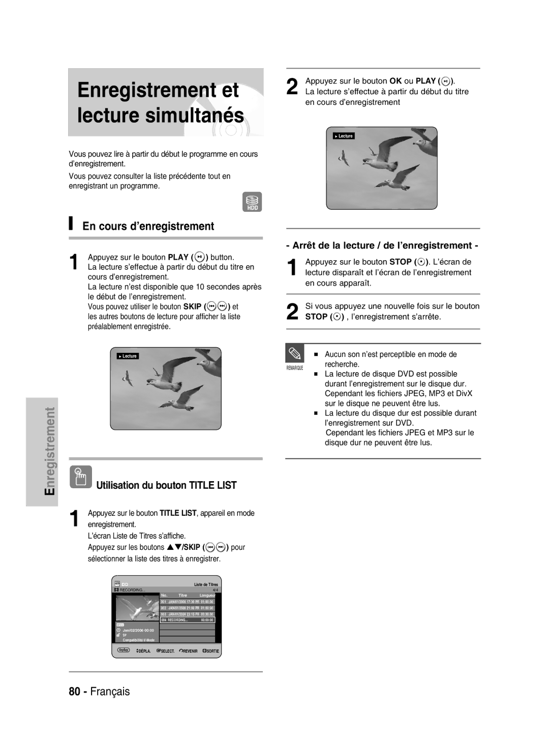 Samsung DVD-HR730/XEB, DVD-HR730/XEC, DVD-HR734/XEG En cours d’enregistrement, Arrêt de la lecture / de l’enregistrement 