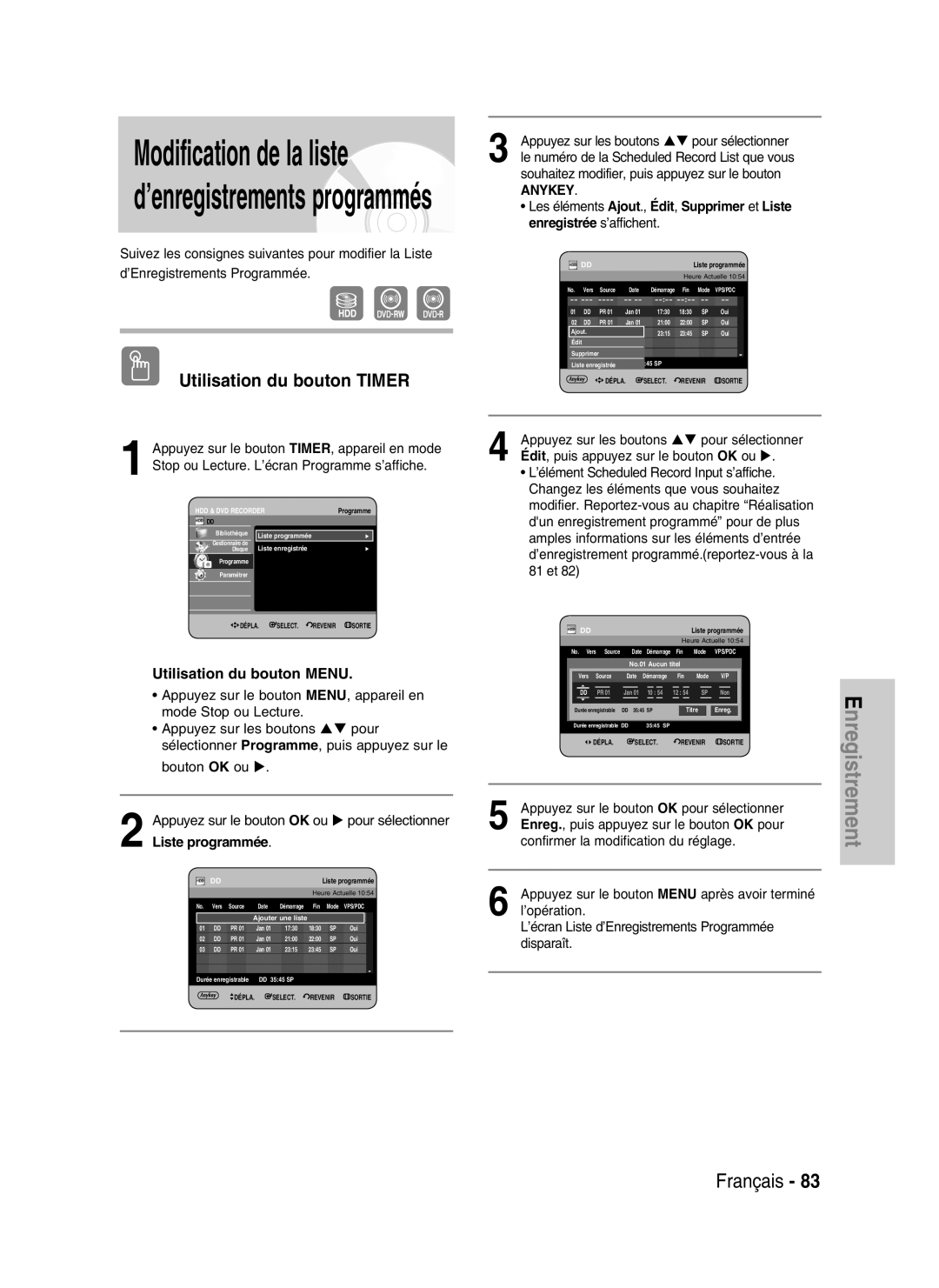 Samsung DVD-HR730/XEC, DVD-HR730/XEB, DVD-HR734/XEG manual Modification de la liste d’enregistrements programmés, 1730 