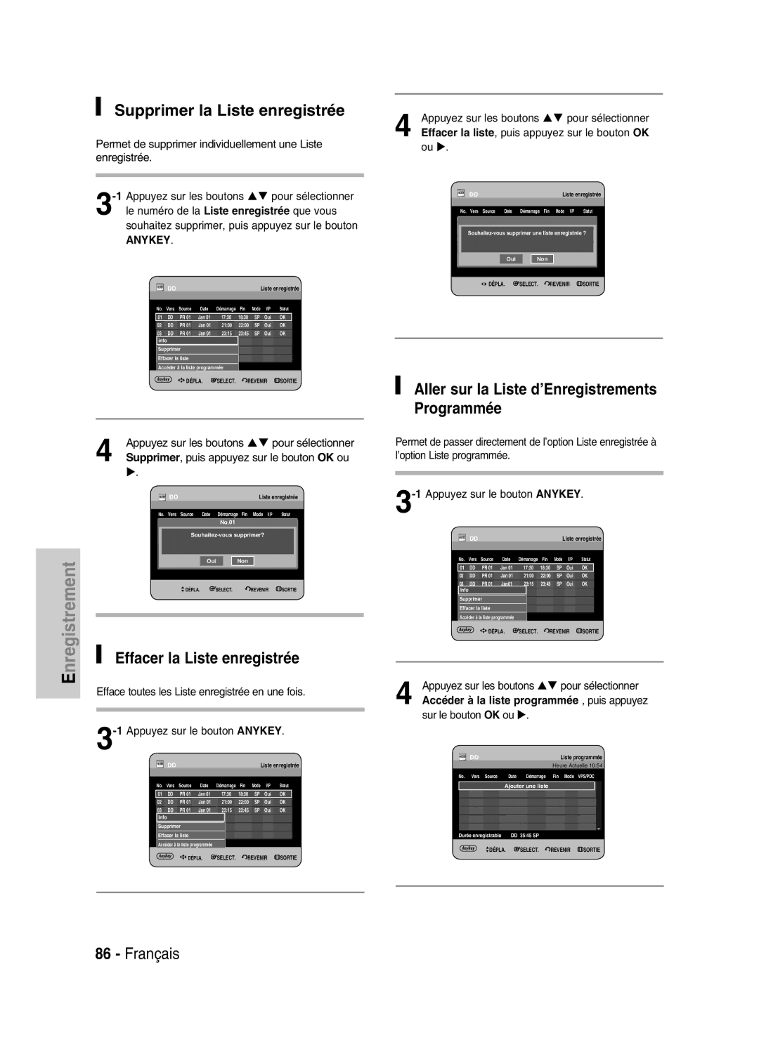 Samsung DVD-HR730/XEG, DVD-HR730/XEC Supprimer la Liste enregistrée, Effacer la Liste enregistrée, Sur le bouton OK ou 