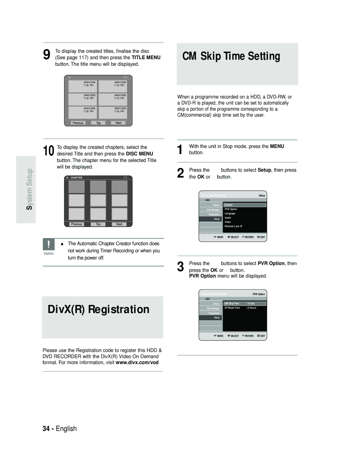 Samsung DVD-HR734/XEG, DVD-HR730/XEC, DVD-HR730/XEB, DVD-HR730/XEG manual CM Skip Time Setting, DivXR Registration 