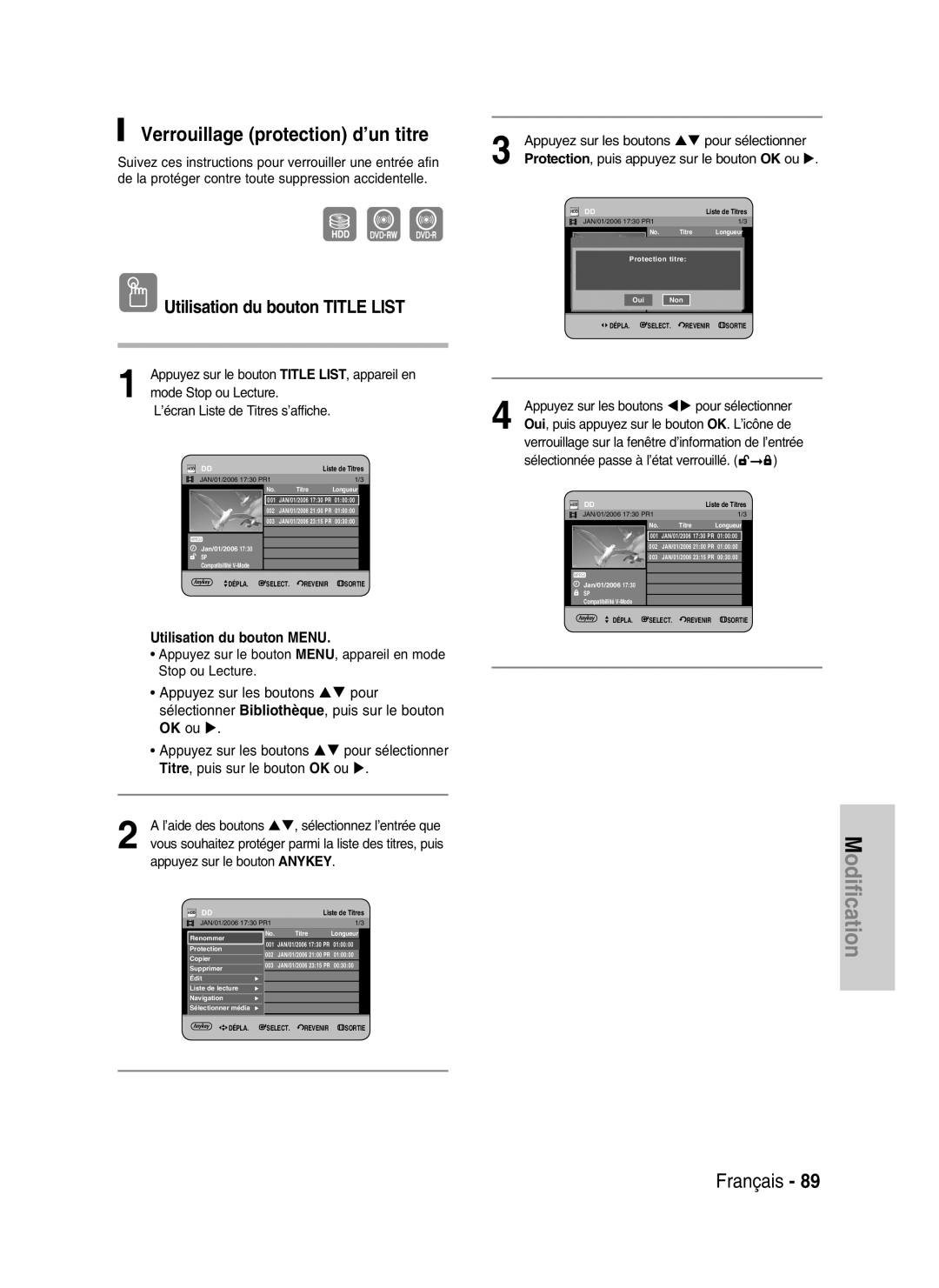 Samsung DVD-HR734/XEG, DVD-HR730/XEC, DVD-HR730/XEB, DVD-HR730/XEG manual Verrouillage protection d’un titre, Oui 