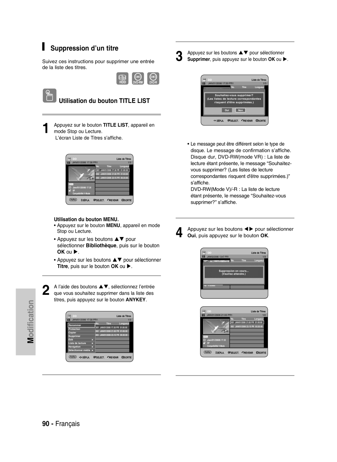 Samsung DVD-HR730/XEG, DVD-HR730/XEC, DVD-HR730/XEB Suppression d’un titre, Que vous souhaitez supprimer dans la liste des 