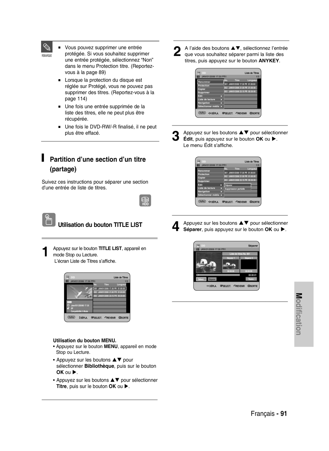 Samsung DVD-HR730/XEC, DVD-HR730/XEB Partition d’une section d’un titre partage, Vous pouvez supprimer une entrée, Séparer 