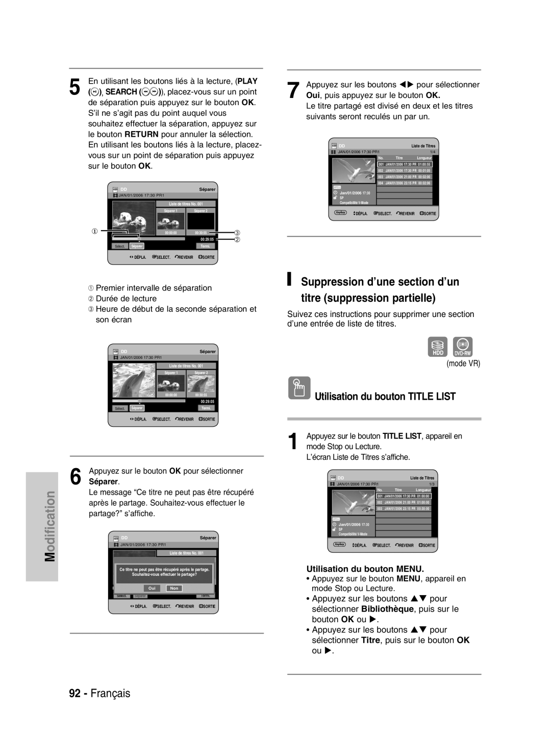 Samsung DVD-HR730/XEB, DVD-HR730/XEC, DVD-HR734/XEG Suppression d’une section d’un titre suppression partielle, Séparer 