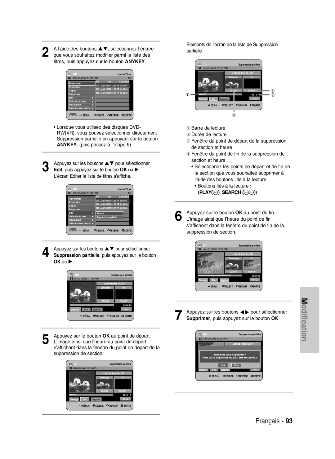 Samsung DVD-HR734/XEG Édit, puis appuyez sur le bouton OK ou, Eléments de l’écran de la liste de Suppression partielle 