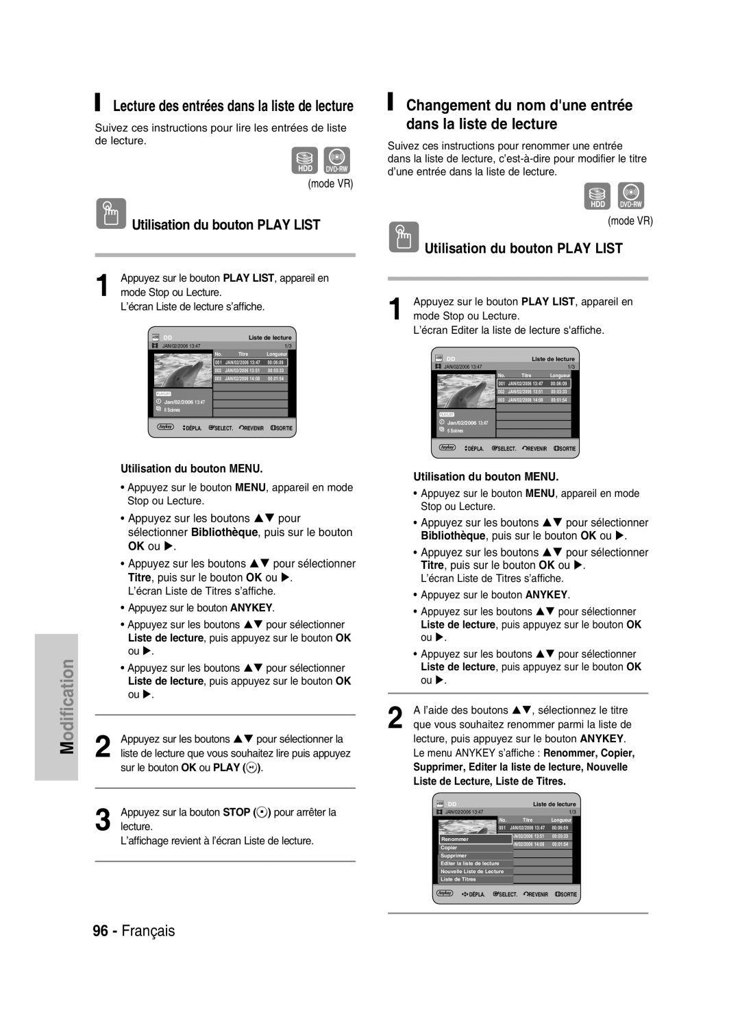 Samsung DVD-HR730/XEB manual Changement du nom dune entrée dans la liste de lecture, Utilisation du bouton Play List 