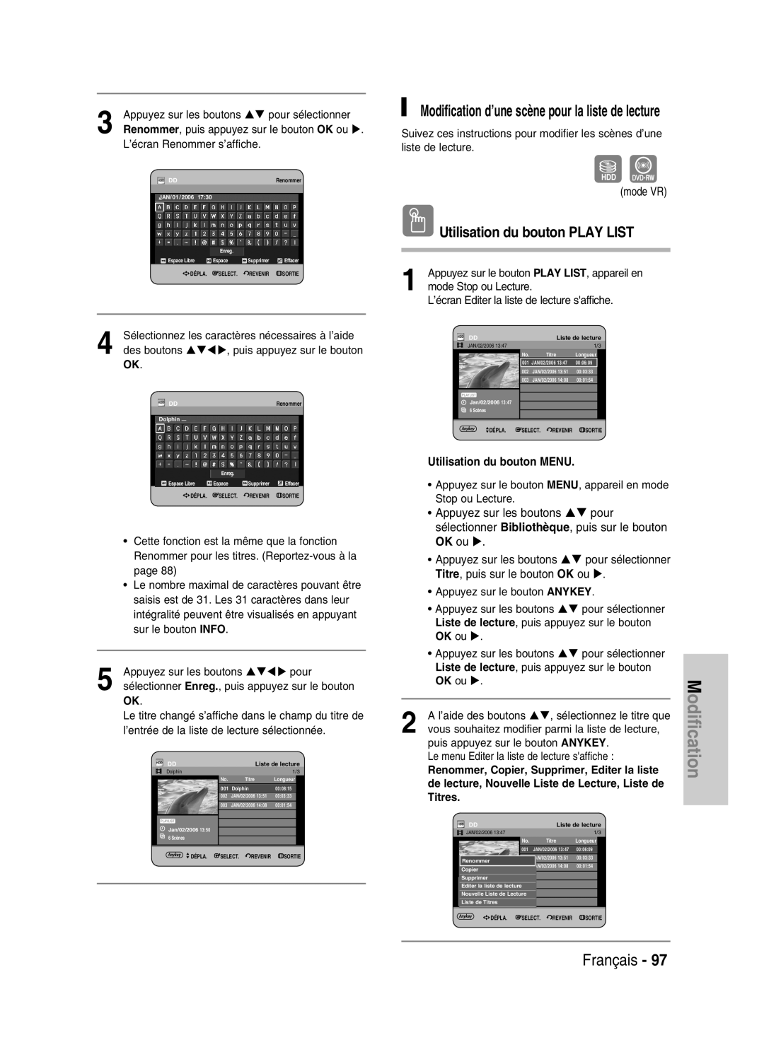 Samsung DVD-HR734/XEG, DVD-HR730/XEC Modification d’une scène pour la liste de lecture, JAN/ 01/ 2006 Enreg Espace Libre 