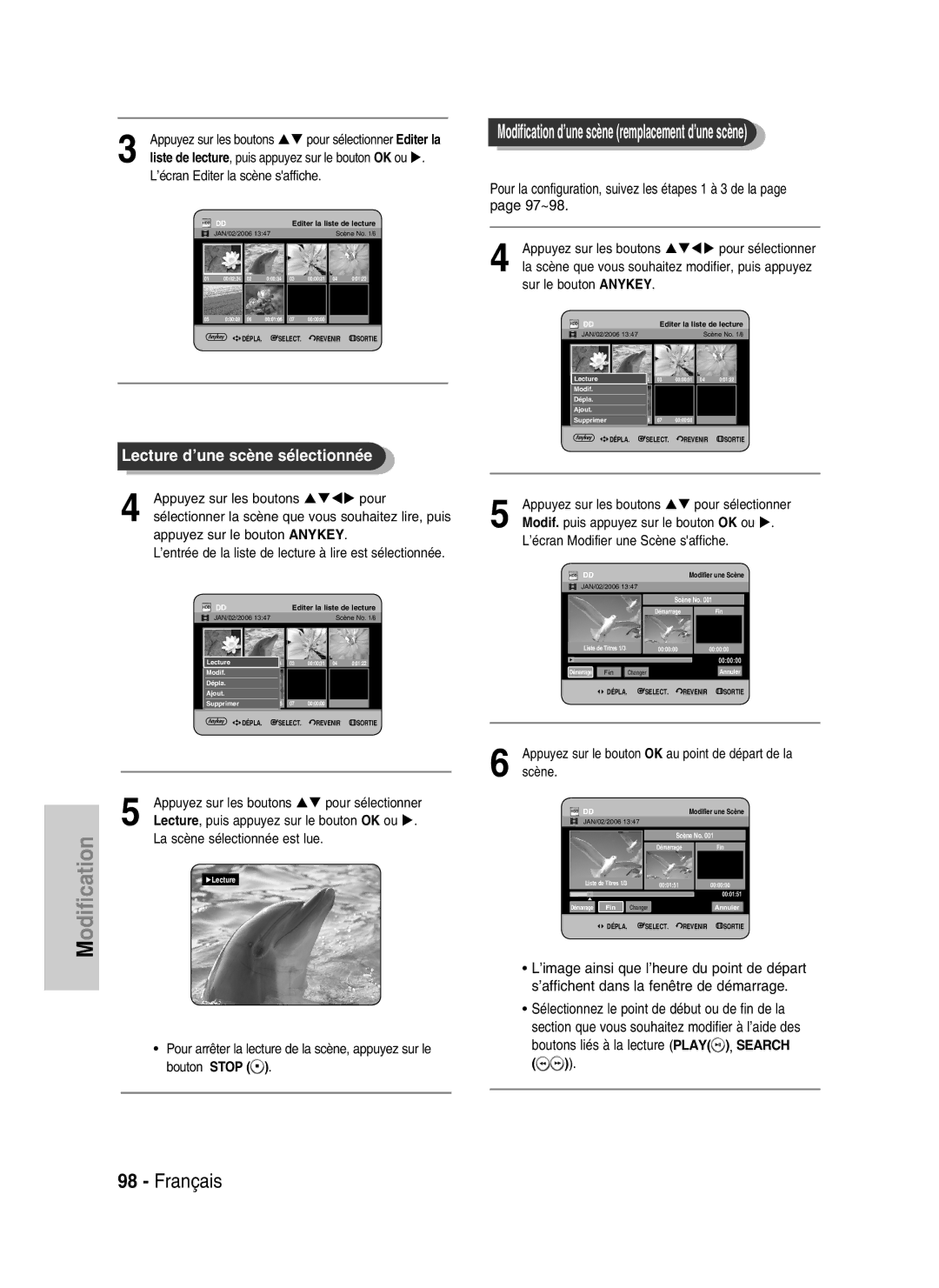 Samsung DVD-HR730/XEG, DVD-HR730/XEC Lecture d’une scène sélectionnée, Appuyez sur les boutons Pour, Sur le bouton Anykey 