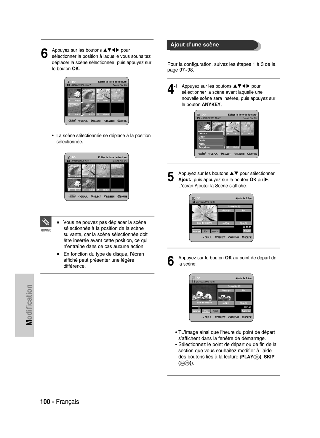 Samsung DVD-HR730/XEB, DVD-HR730/XEC, DVD-HR734/XEG Ajout d’une scène, Vous ne pouvez pas déplacer la scène, Le bouton OK 