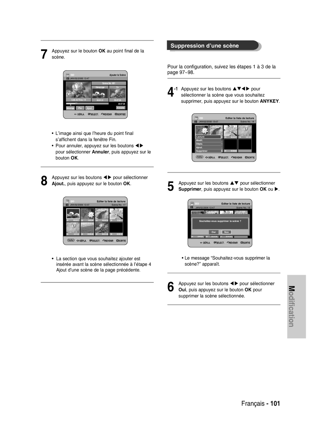 Samsung DVD-HR734/XEG manual Suppression d’une scène, Editer la liste de lecture, Souhaitez-vous supprimer la scène ? 