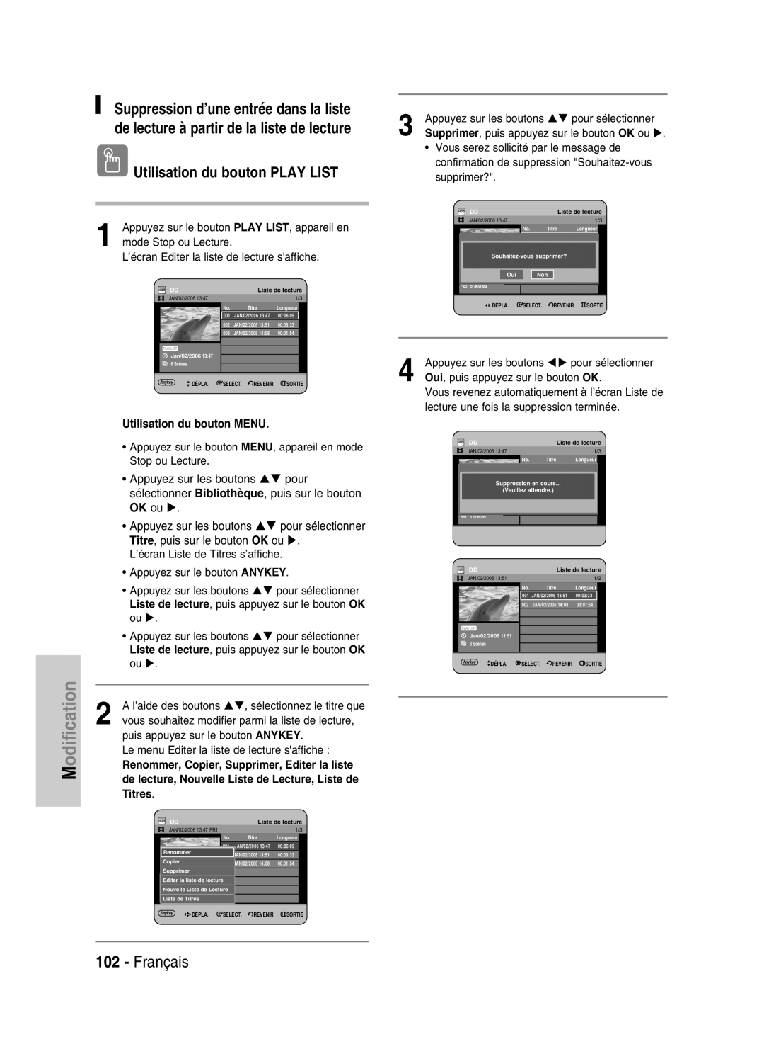 Samsung DVD-HR730/XEG, DVD-HR730/XEC, DVD-HR730/XEB manual Utilisation du bouton Play List, Souhaitez-vous supprimer? Oui Non 