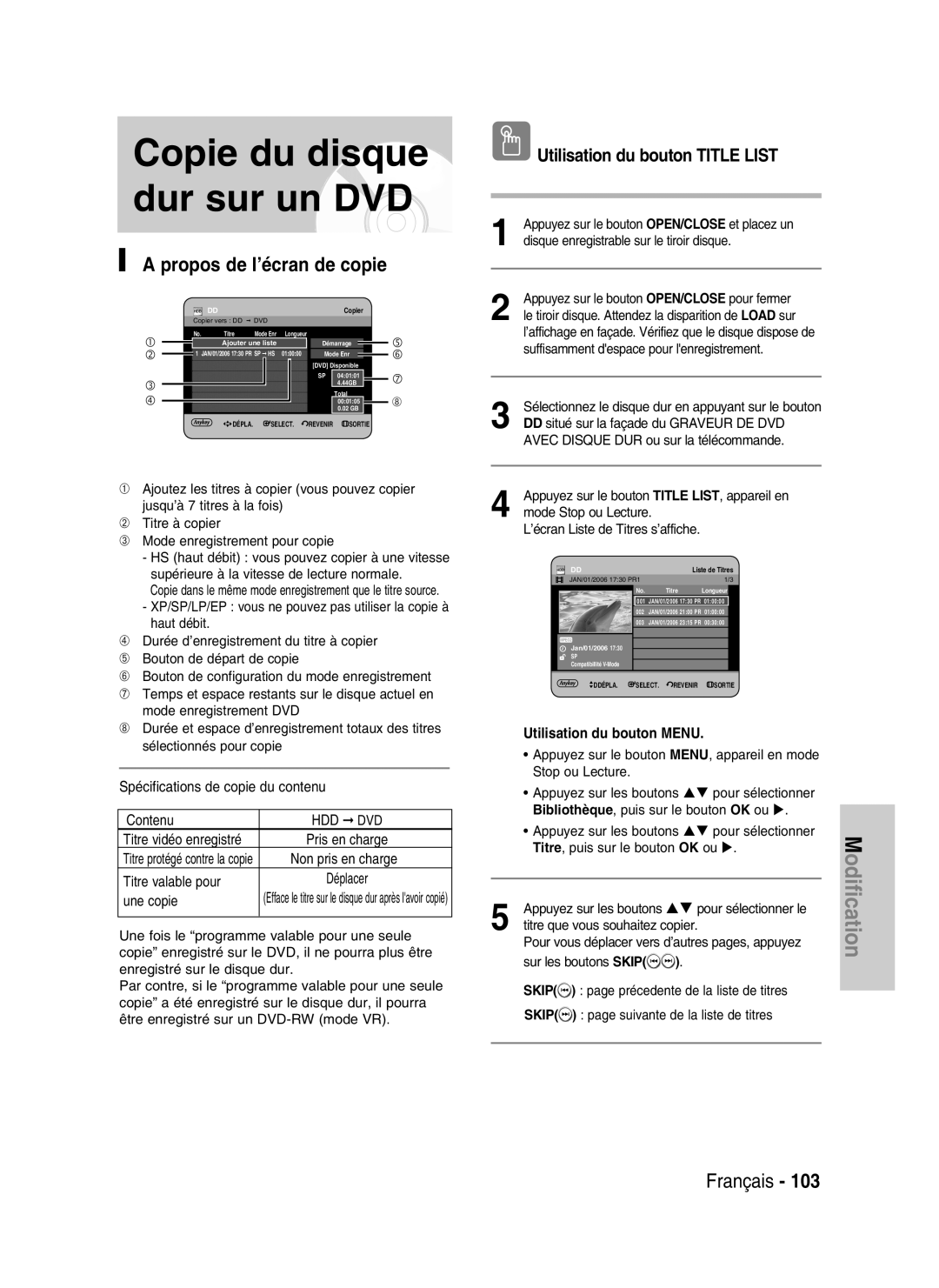 Samsung DVD-HR730/XEC, DVD-HR730/XEB manual Propos de l’écran de copie, Non pris en charge, Titre valable pour, Une copie 