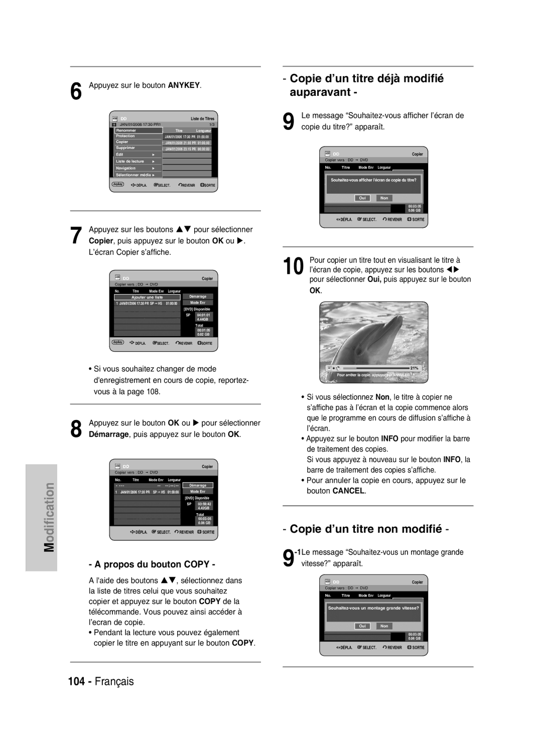 Samsung DVD-HR730/XEB manual Copie d’un titre déjà modifié auparavant, Copie d’un titre non modifié, Propos du bouton Copy 