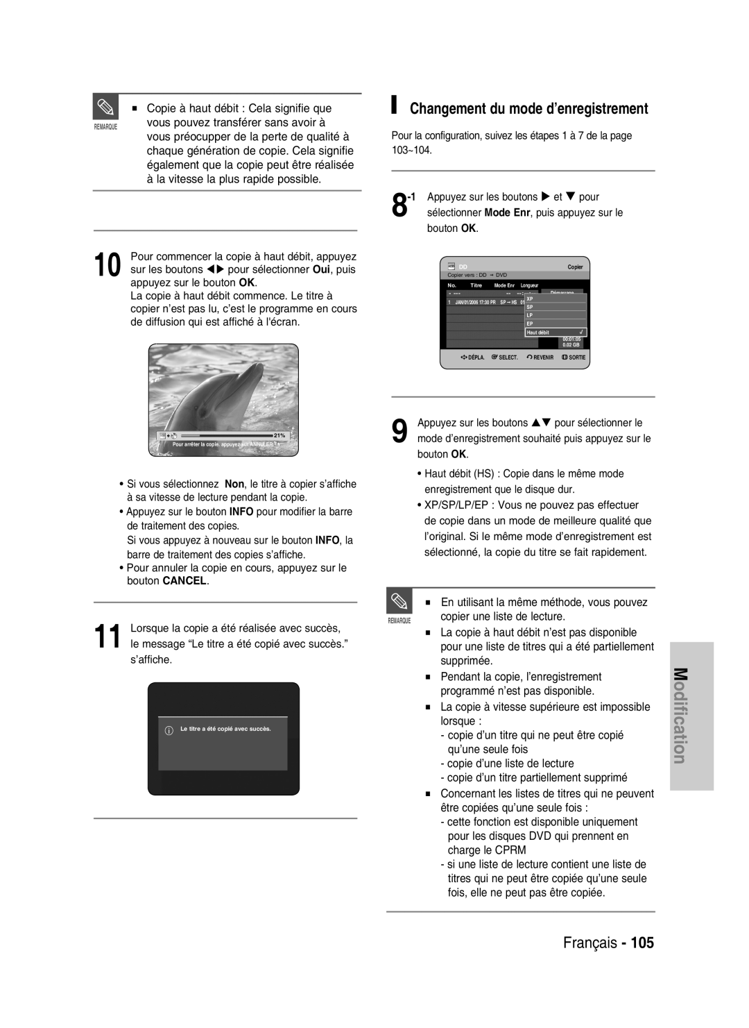 Samsung DVD-HR734/XEG, DVD-HR730/XEC, DVD-HR730/XEB, DVD-HR730/XEG manual Changement du mode d’enregistrement 