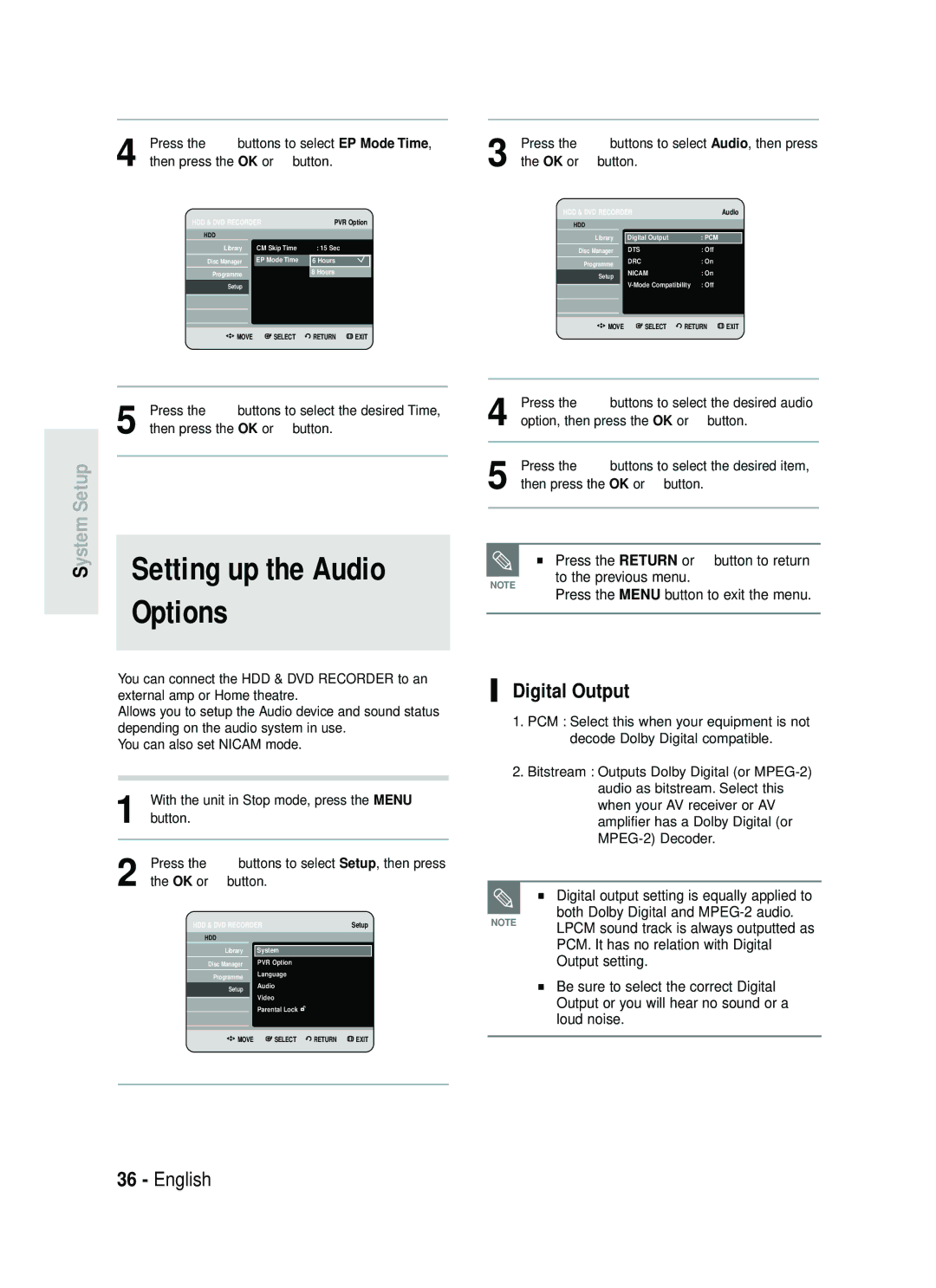 Samsung DVD-HR730/XEC, DVD-HR730/XEB, DVD-HR734/XEG manual Setting up the Audio, Options, Ystem Setup, Digital Output 