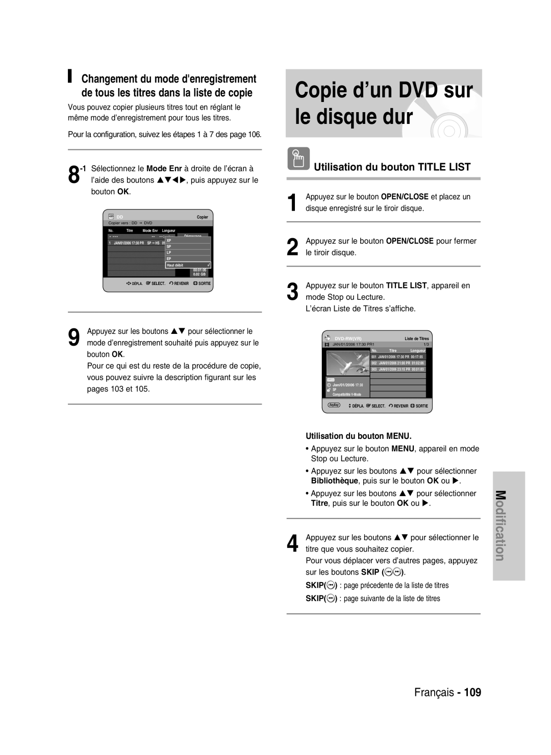 Samsung DVD-HR734/XEG, DVD-HR730/XEC, DVD-HR730/XEB, DVD-HR730/XEG manual Copie d’un DVD sur le disque dur 