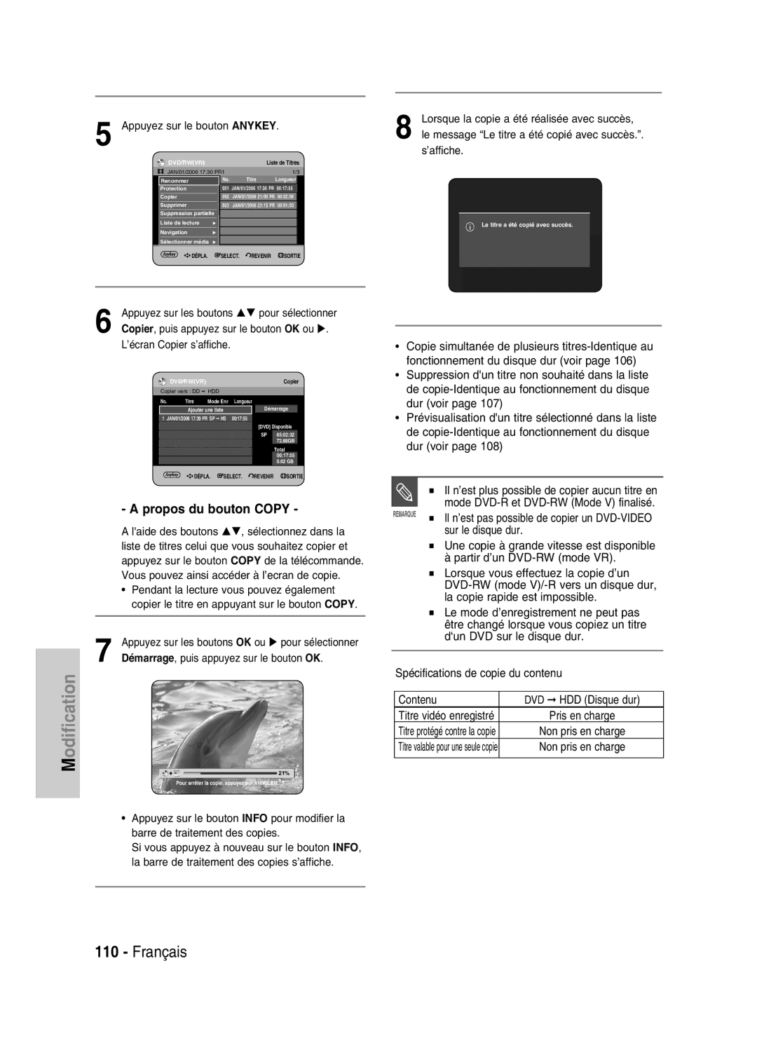 Samsung DVD-HR730/XEG, DVD-HR730/XEC Sur le disque dur, Partir d’un DVD-RW mode VR, Lorsque vous effectuez la copie d’un 