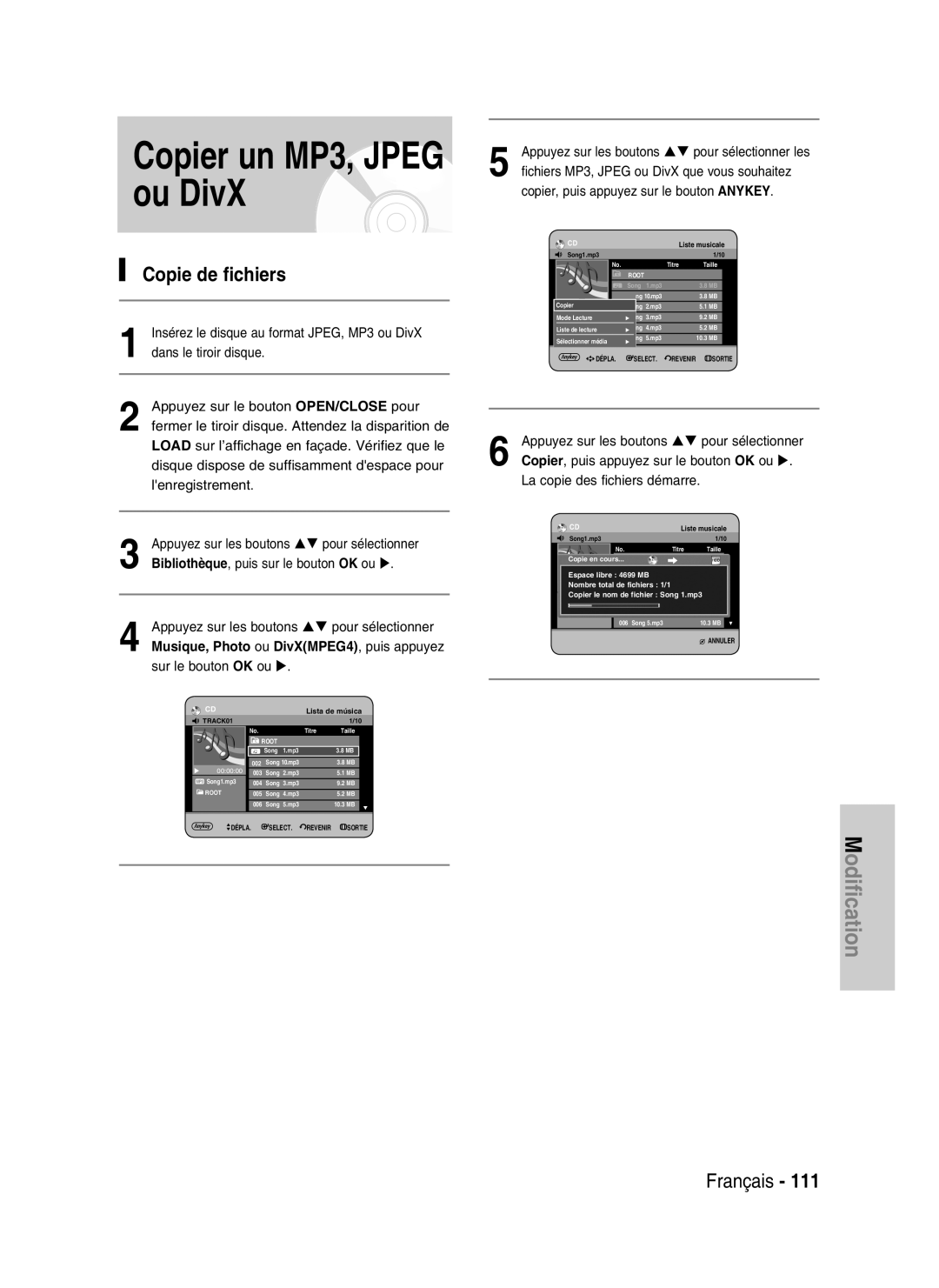 Samsung DVD-HR730/XEC, DVD-HR730/XEB, DVD-HR734/XEG manual Copie de fichiers, Copier, puis appuyez sur le bouton Anykey 