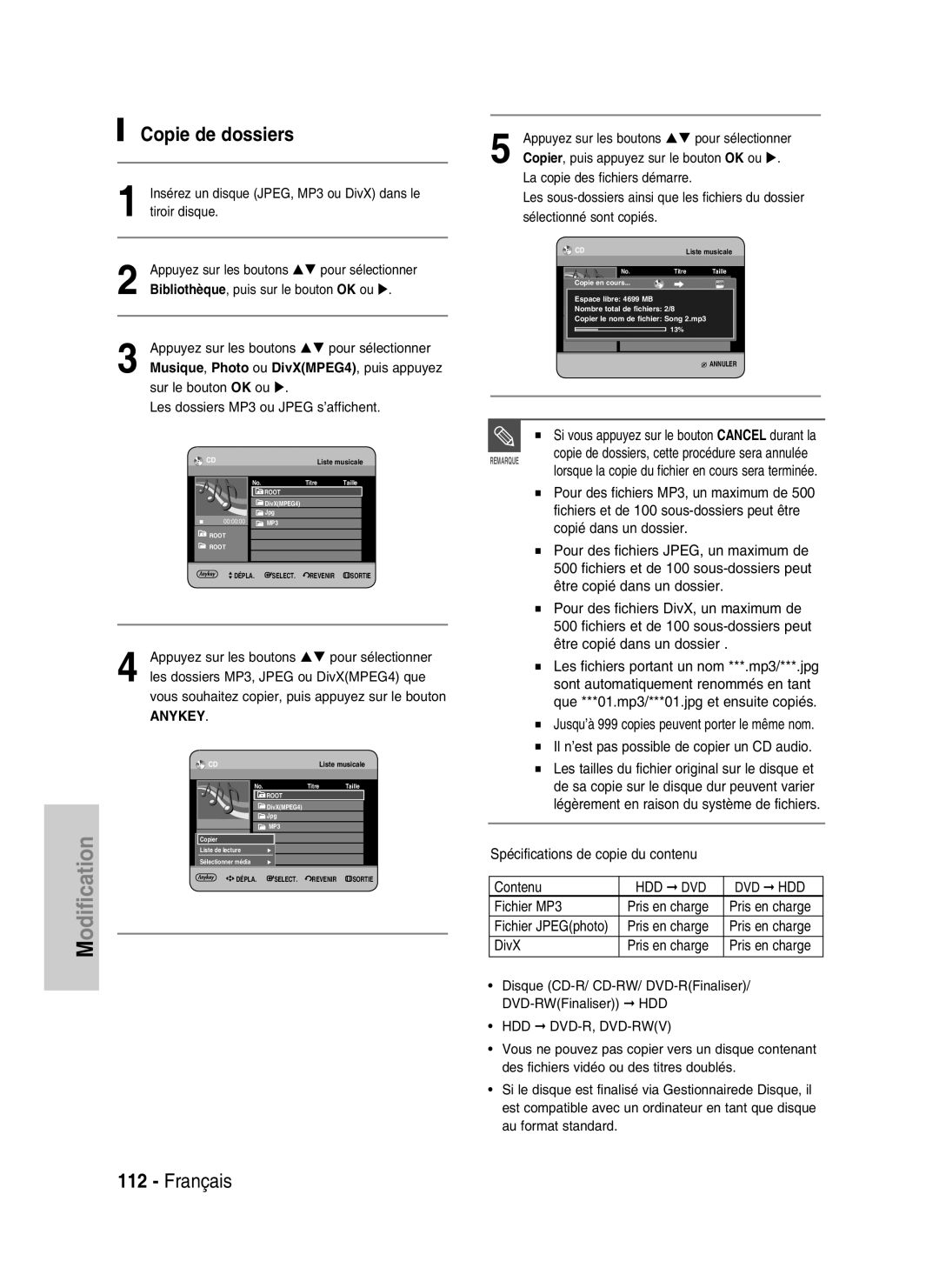 Samsung DVD-HR730/XEB, DVD-HR730/XEC manual Copie de dossiers, Si vous appuyez sur le bouton Cancel durant la, Fichier MP3 