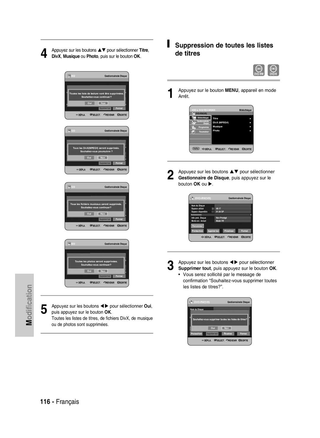 Samsung DVD-HR730/XEB, DVD-HR730/XEC Suppression de toutes les listes de titres, Pour sélectionner Titre, 4636MB Oui Non 