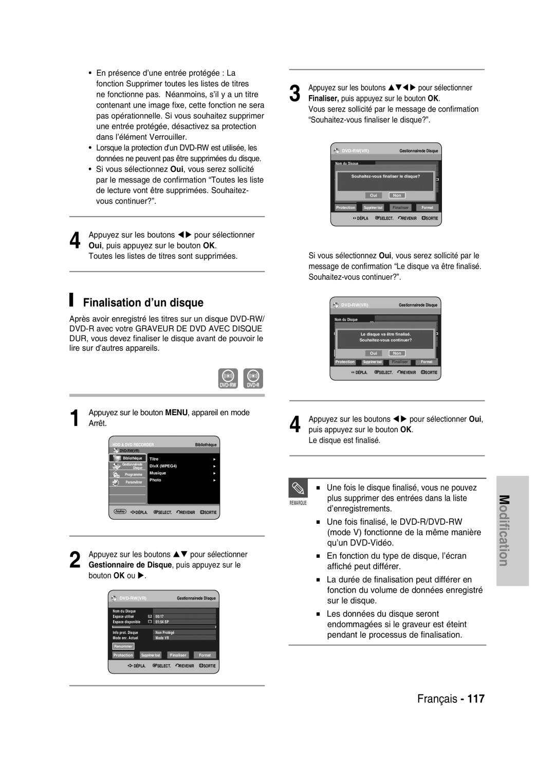 Samsung DVD-HR734/XEG, DVD-HR730/XEC Finalisation d’un disque, Plus supprimer des entrées dans la liste, ’enregistrements 