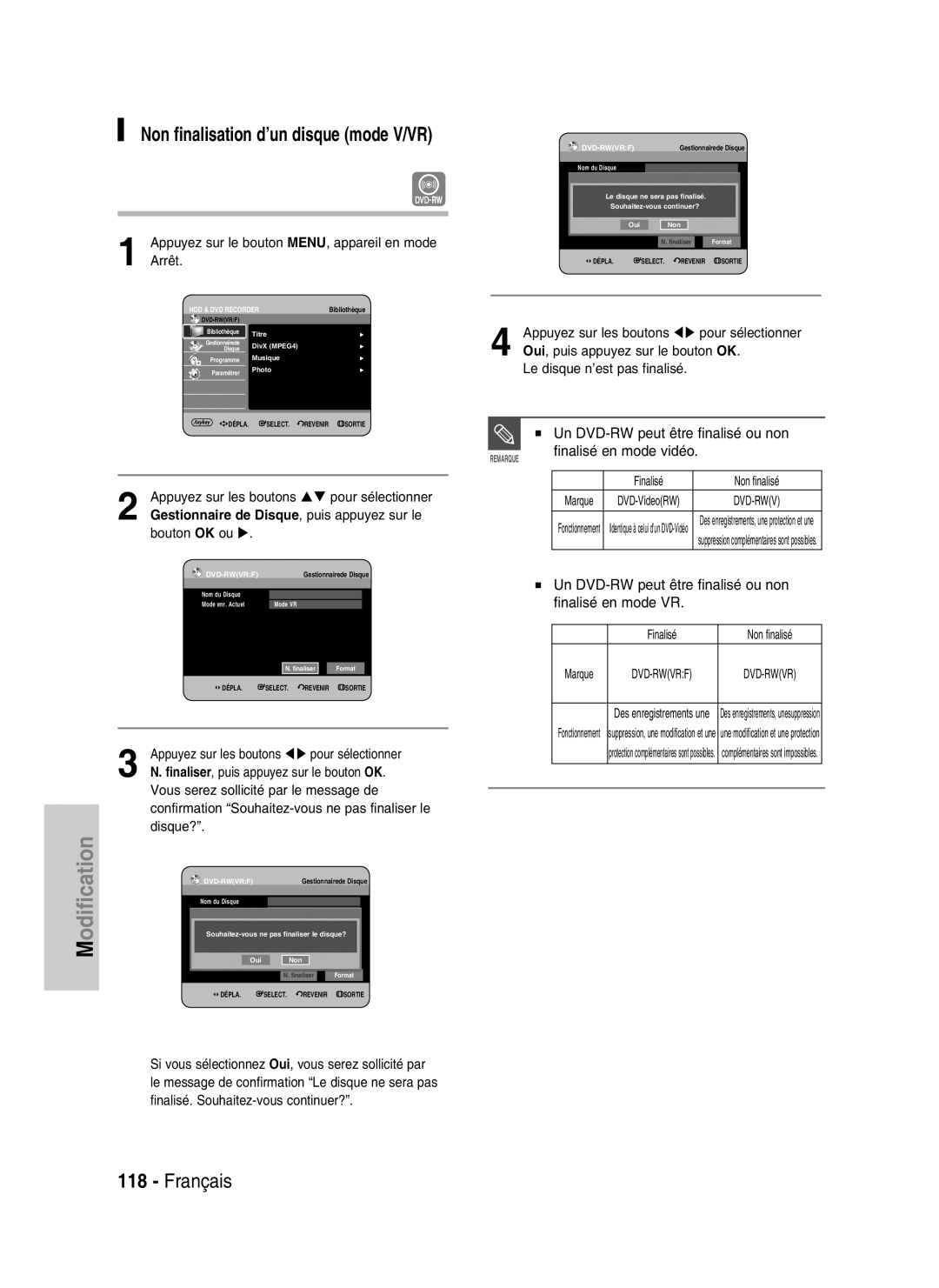 Samsung DVD-HR730/XEG Non finalisation d’un disque mode V/VR, Un DVD-RW peut être finalisé ou non finalisé en mode VR 