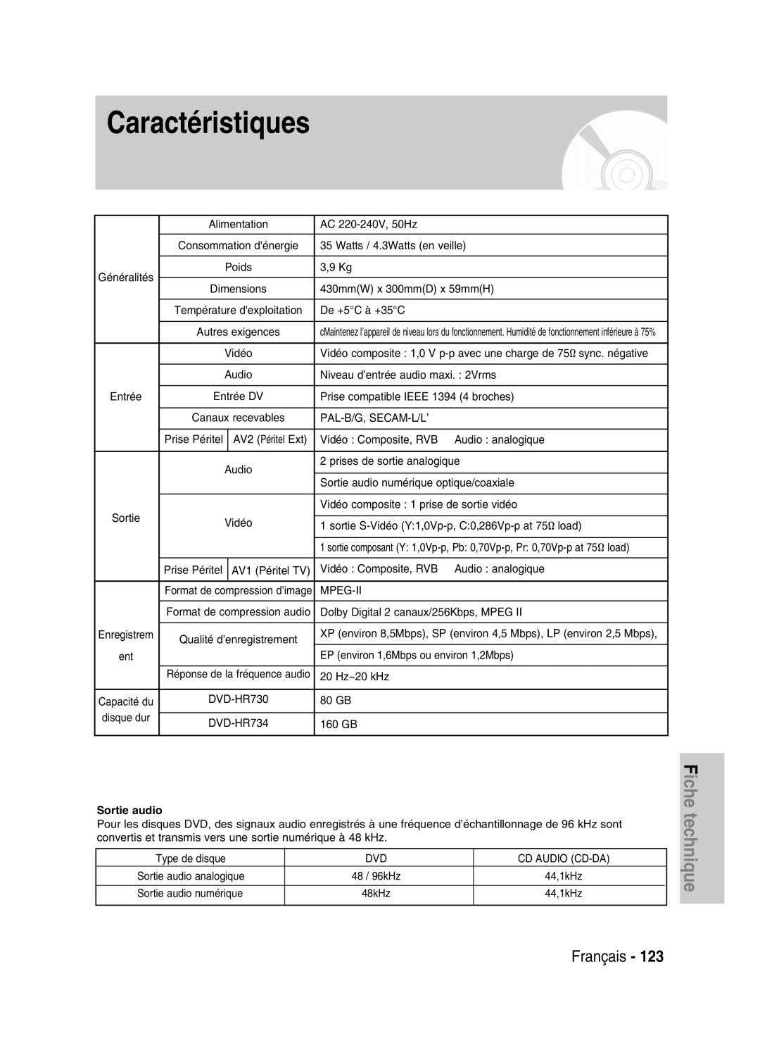 Samsung DVD-HR730/XEC, DVD-HR730/XEB, DVD-HR734/XEG, DVD-HR730/XEG manual Sortie audio 