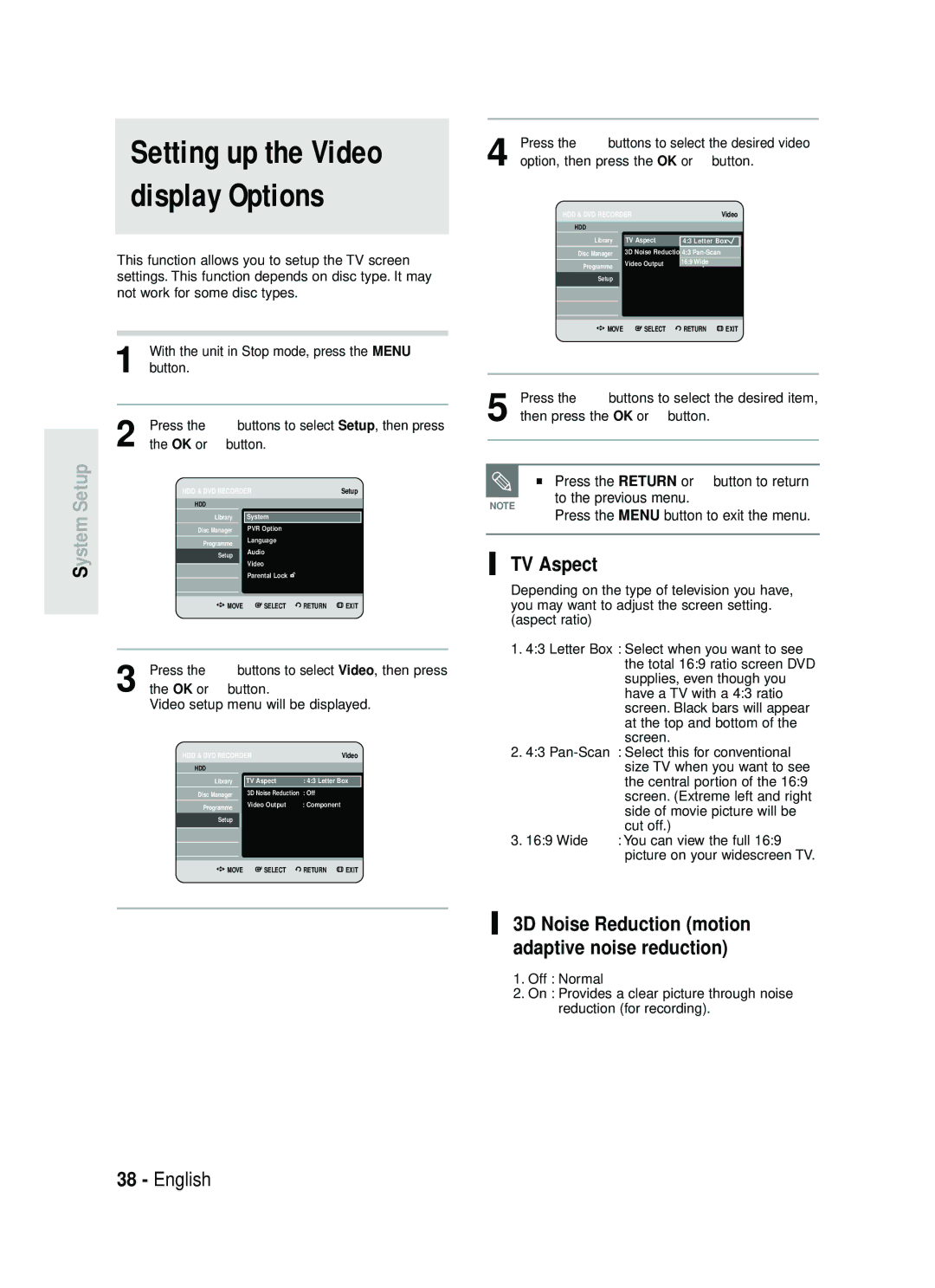 Samsung DVD-HR734/XEG, DVD-HR730/XEC, DVD-HR730/XEB manual Setting up the Video display Options, Setup, Ystem, TV Aspect 