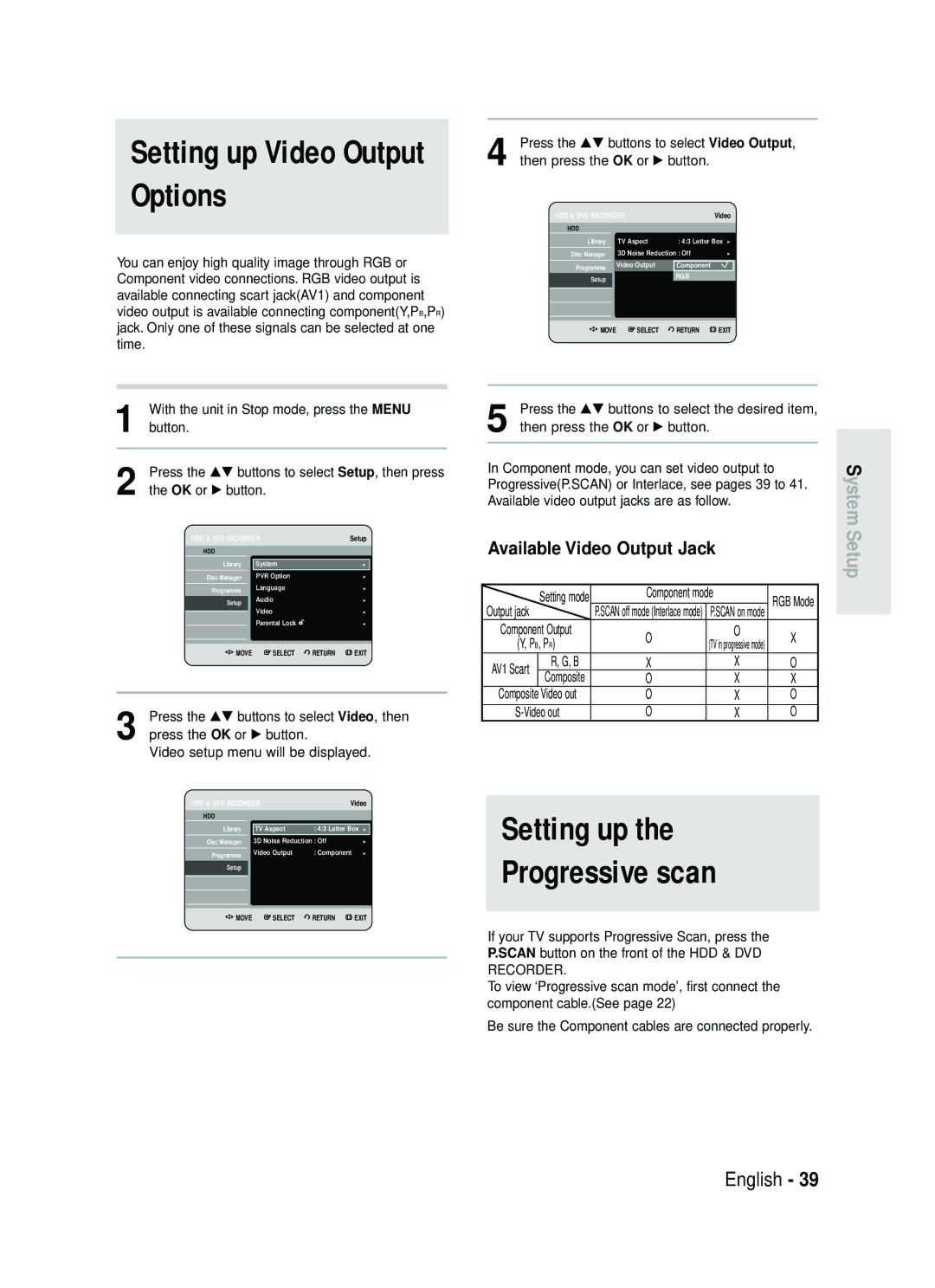 Samsung DVD-HR730/XEG, DVD-HR730/XEC manual Setting up Progressive scan, Available Video Output Jack, Component mode 