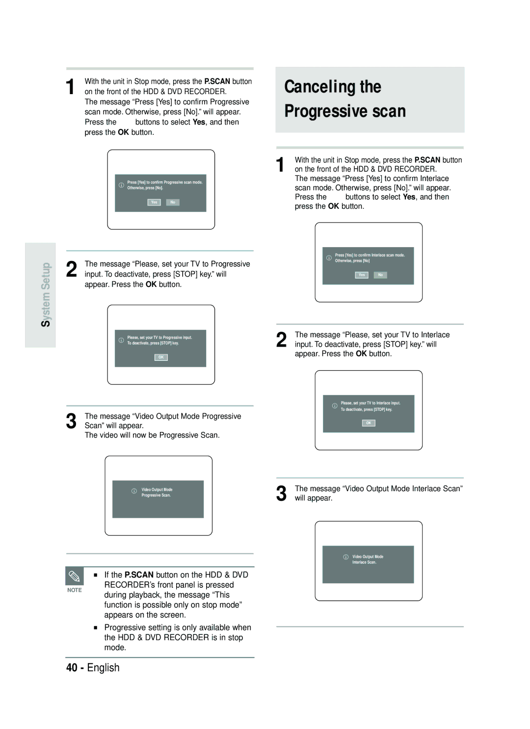 Samsung DVD-HR730/XEC, DVD-HR730/XEB, DVD-HR734/XEG, DVD-HR730/XEG manual Canceling Progressive scan 